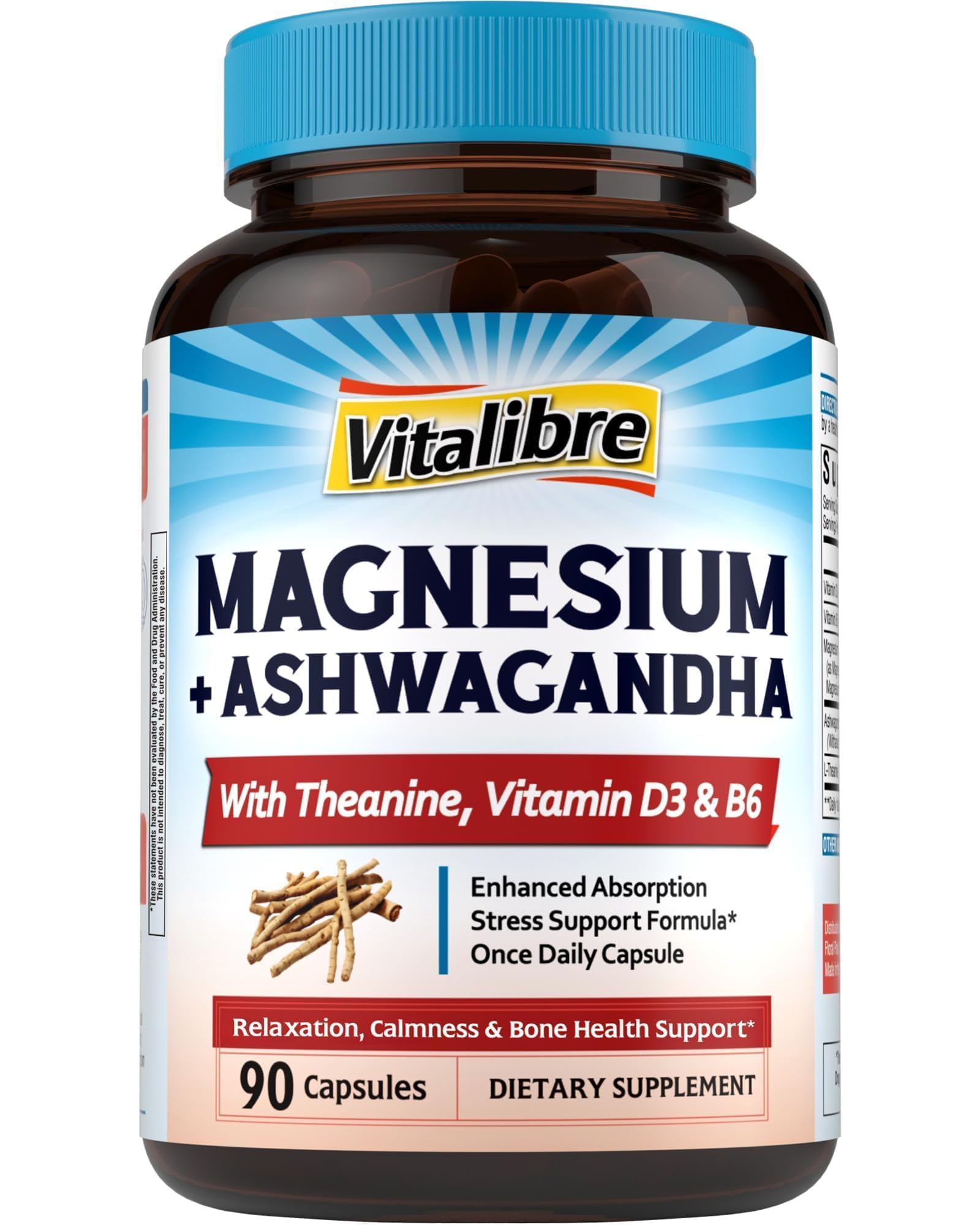 Vitalibre Magnesium Complex with Ashwagandha & L-Theanine - Stress Relief, Bone & Relaxation Support - w/Vitamin D3, B6 - Glycinate, Citrate, Malate, Taurate - 90 Vegan Capsules, Non-GMO, Gluten Free Vitalibre uk supplements