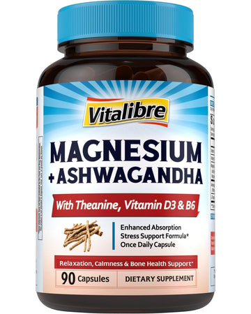 Vitalibre Magnesium Complex with Ashwagandha & L-Theanine - Stress Relief, Bone & Relaxation Support - w/Vitamin D3, B6 - Glycinate, Citrate, Malate, Taurate - 90 Vegan Capsules, Non-GMO, Gluten Free Vitalibre uk supplements