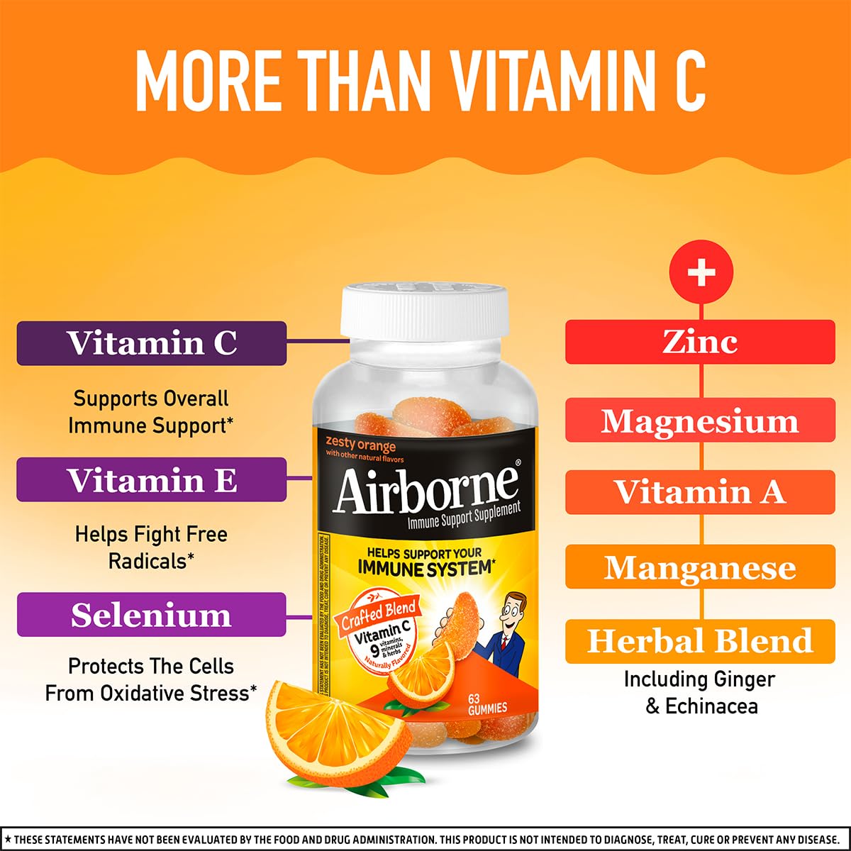 Airborne 750mg Vitamin C Immune Support Supplement Gummies for Adults, Zesty Orange Flavor, Gluten Free Crafted Blend with Powerful Antioxidants Vitamins A C & E, 63 Gummies (3 Pack) Airborne uk supplements