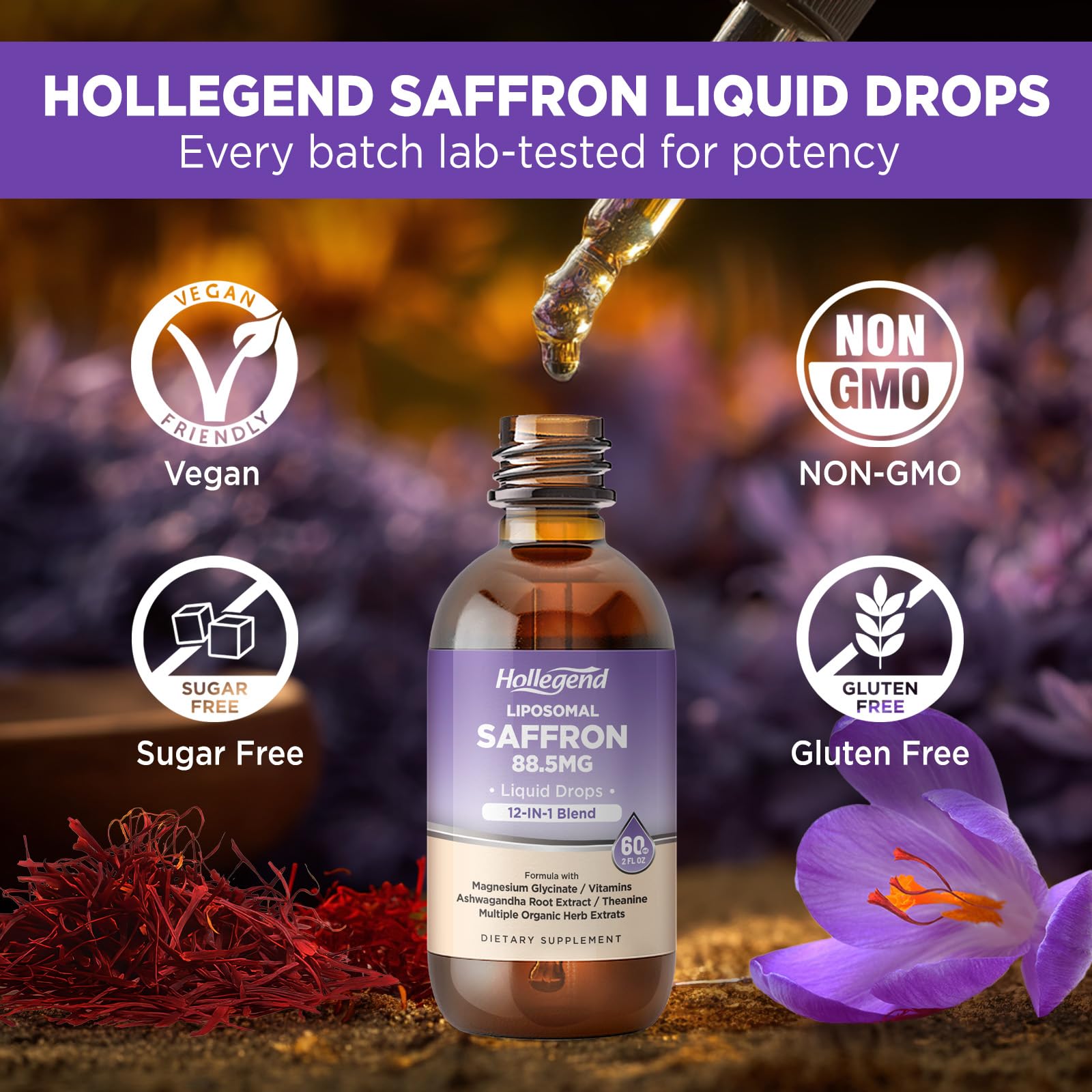 HOLLEGEND Liposomal Saffron Drops for Kids & Adults, Organic Saffron Supplement w/Magnesium, L-Theanine and Vitamins for Stress, Focus, Vision and Energy Support, Vegan, Natural Lemon Flavor, 2 FL OZ HOLLEGEND uk supplements
