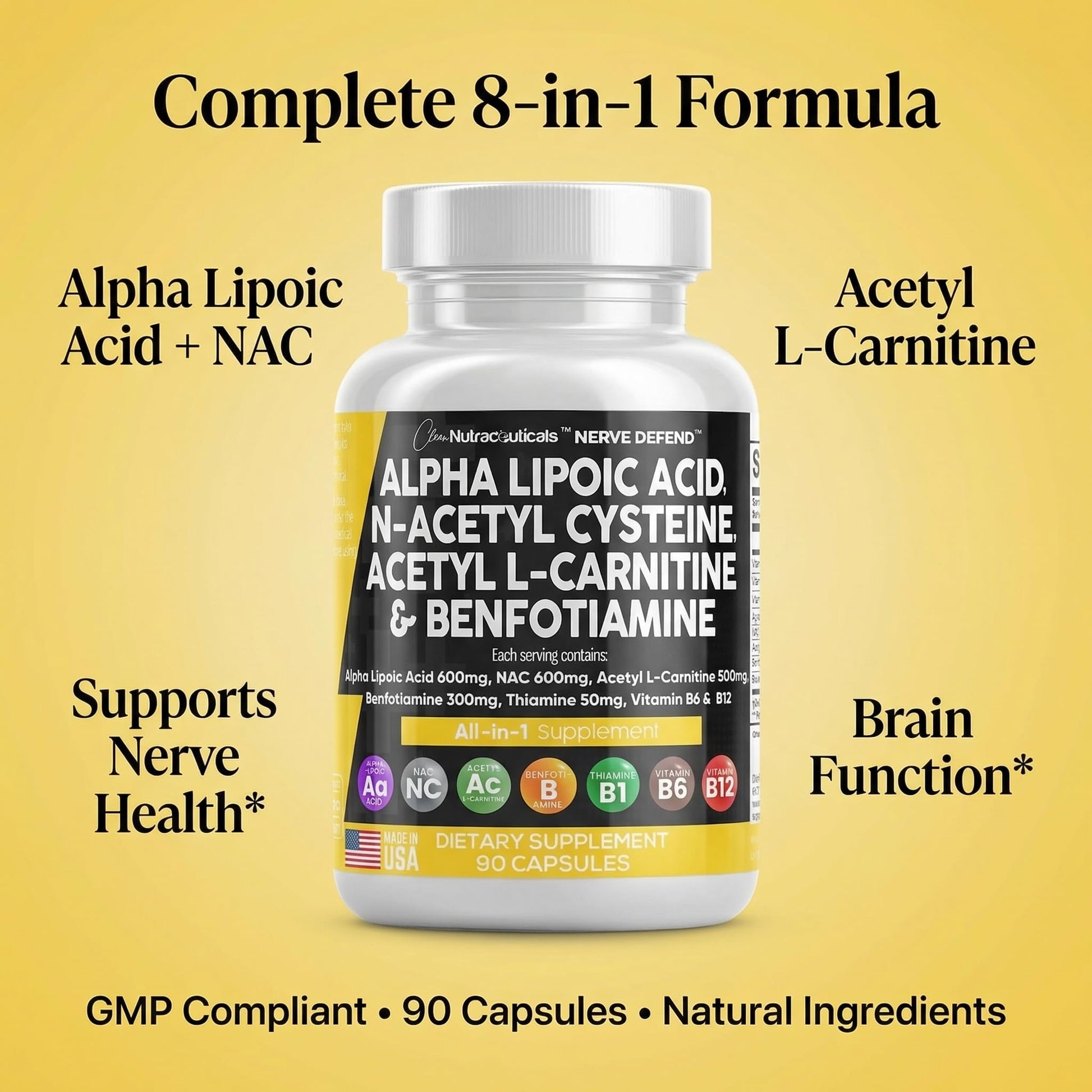 Alpha Lipoic Acid 600mg N-Acetyl Cysteine 600mg Acetyl L-Carnitine 500mg Benfotiamine 300mg - Nerve Support Supplement for Women and Men with Vitamin B1 B6 & B12 - Made in USA 90 Caps Clean Nutraceuticals uk supplements