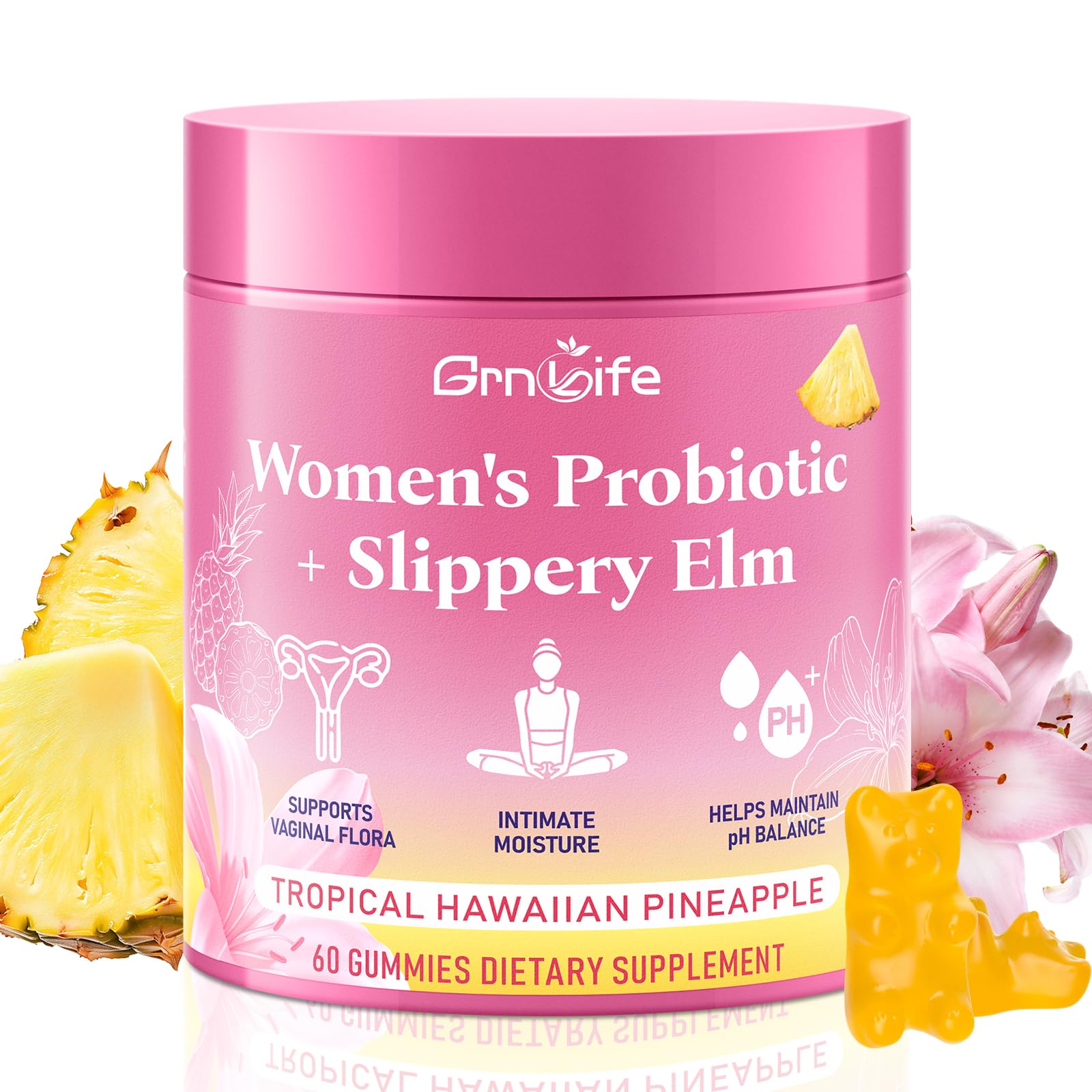 GrnLife Women's Probiotic Slippery Elm Gummies, Her Juicy Feminine Probiotics Gummies for pH Balance & Immune Supports, Pineapple Flavor, 60 Count GrnLife uk supplements