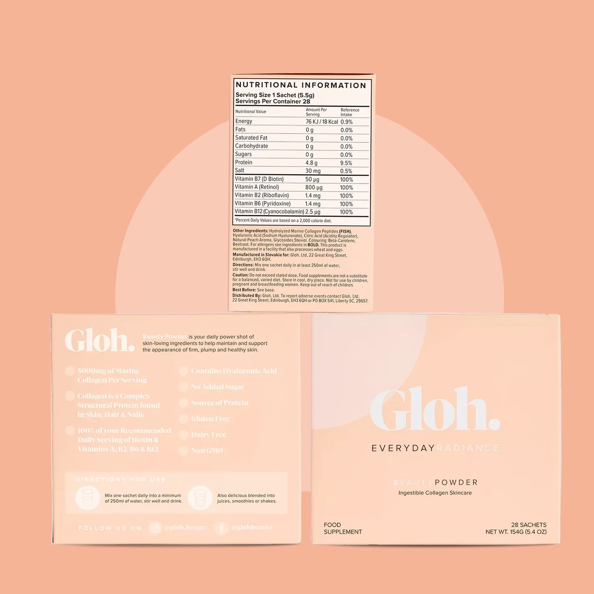 Gloh. Marine Collagen Powder for Women - Peach Flavor Collagen Supplements for Women with Hyaluronic Acid, Vitamin A, B2, B6 Gloh. uk supplements