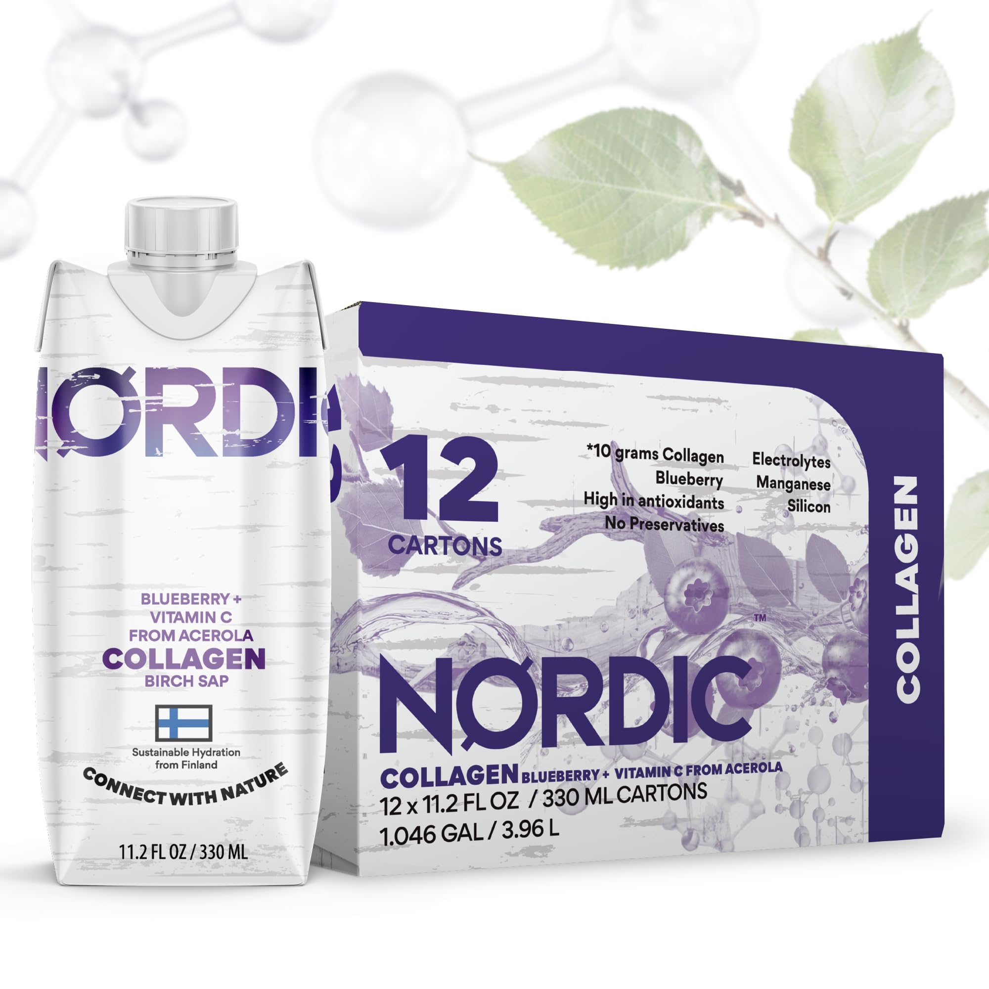 Nordic Liquid Collagen Peptide Drink, Organic Birch Sap, Wild blueberry + Vitamin C, Made in Finland - 10g Clinically Studied Grass Fed Collagen Peptides for Skin Hair Nails & Joint Support, with Silica, BPA-Free Beverage (12 Pack) Nordic Tree Water uk supplements