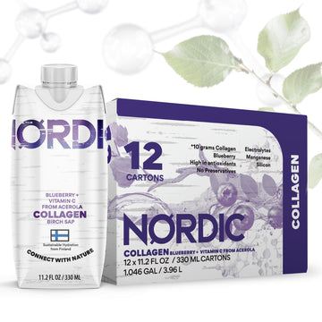 Nordic Liquid Collagen Peptide Drink, Organic Birch Sap, Wild blueberry + Vitamin C, Made in Finland - 10g Clinically Studied Grass Fed Collagen Peptides for Skin Hair Nails & Joint Support, with Silica, BPA-Free Beverage (12 Pack) Nordic Tree Water uk supplements