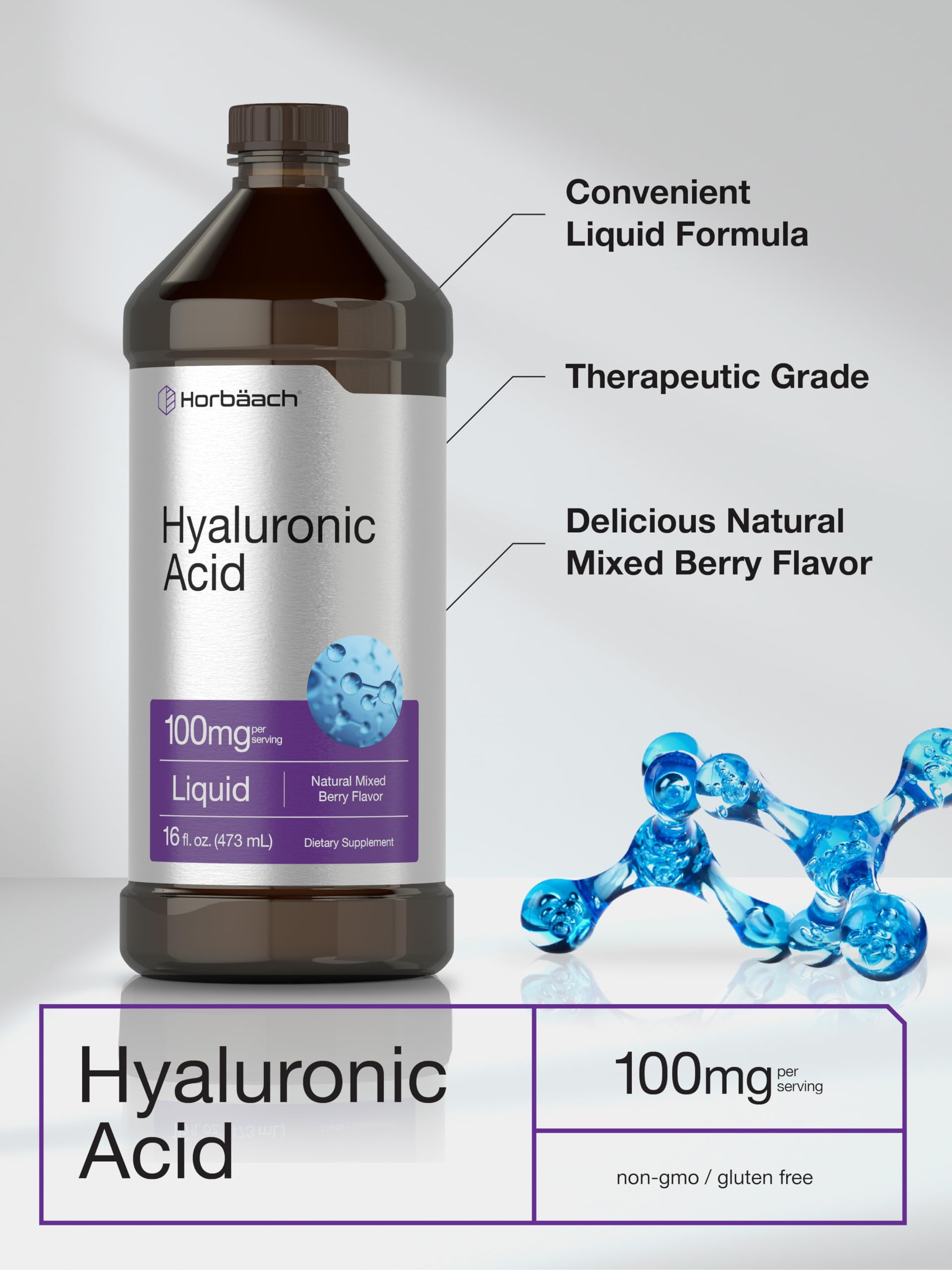 Liquid Hyaluronic Acid Supplement | 100 mg | 16 oz | Mixed Berry Flavor | Non-GMO Horbäach uk supplements
