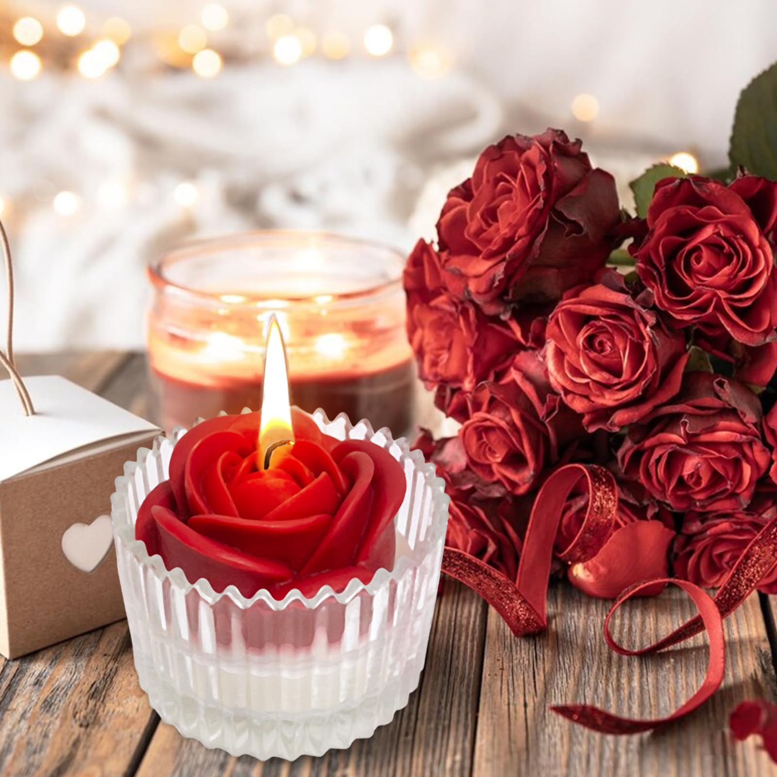 Red Rose Candle in Rippled Glass Jar for Valentine's Day Gifts, English Pear& Freesia Scented Candles Peytanger uk supplements