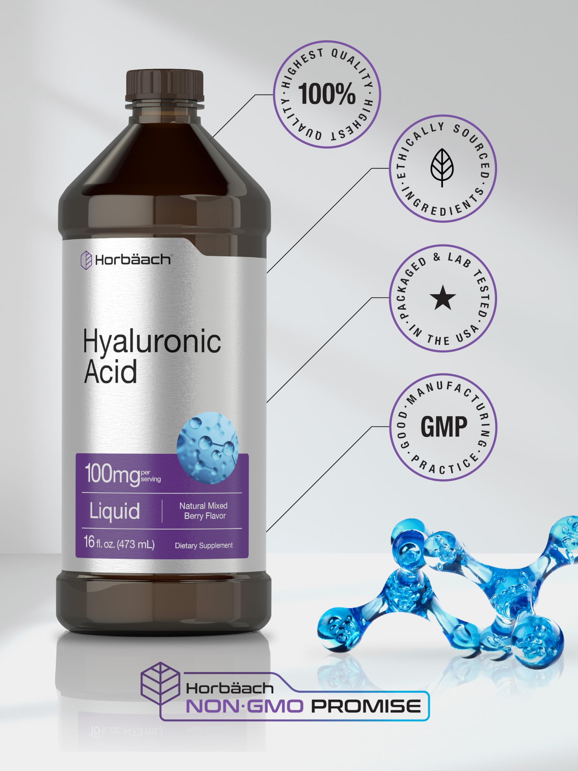 Liquid Hyaluronic Acid Supplement | 100 mg | 16 oz | Mixed Berry Flavor | Non-GMO Horbäach uk supplements