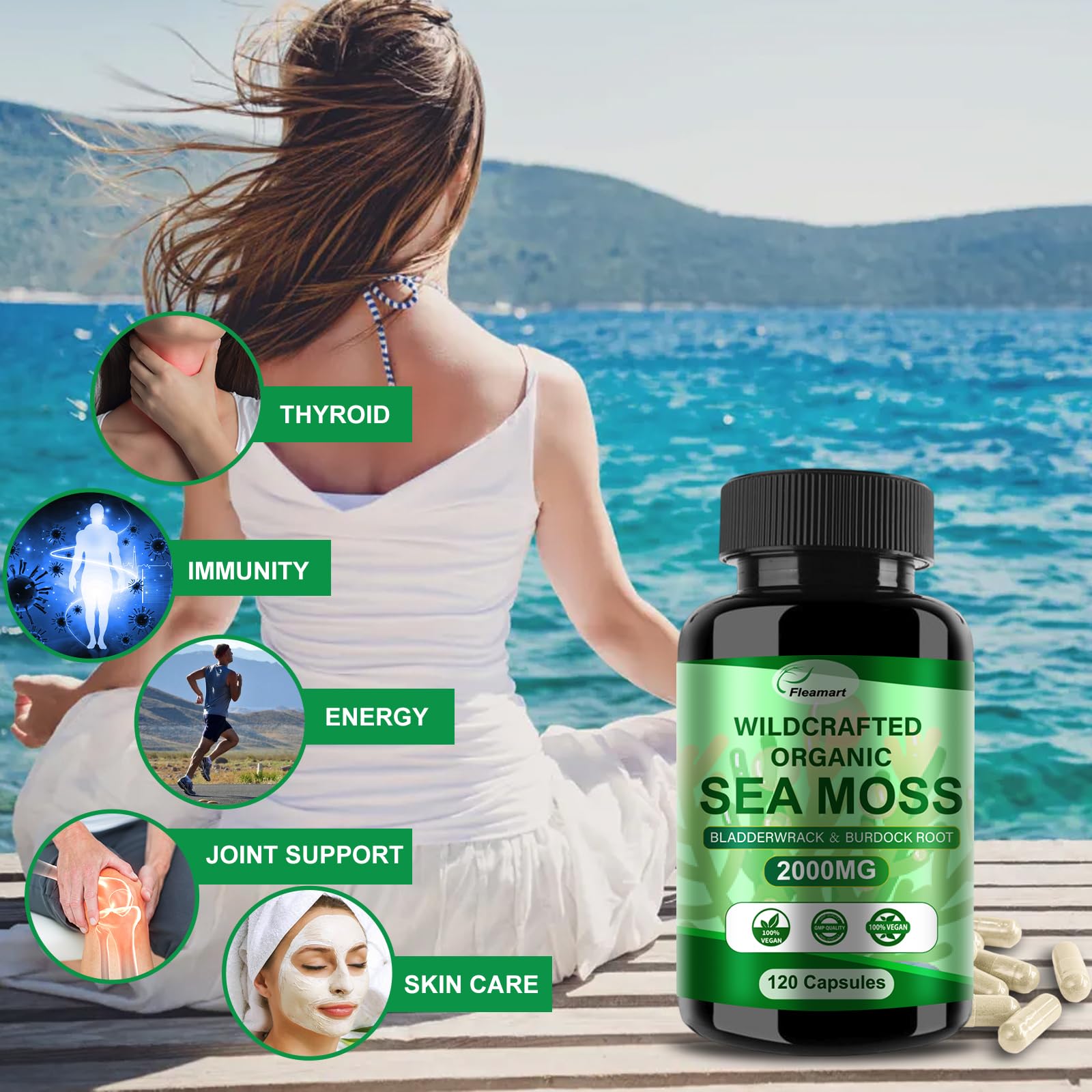 Fleamart Irish Sea Moss Capsules 120ct Raw Organic Sea Moss Wildcrafted Bladderwrack Fleamart uk supplements