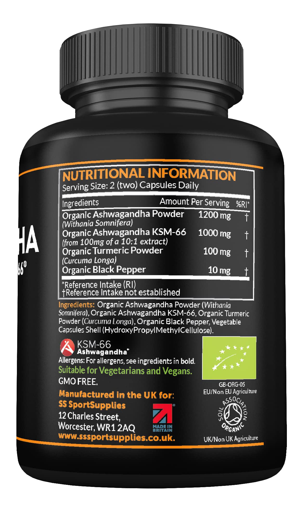 Organic Ashwagandha Capsules 1200mg Boosted with 100mg of Organic KSM-66 SS Sport Supplies uk supplements