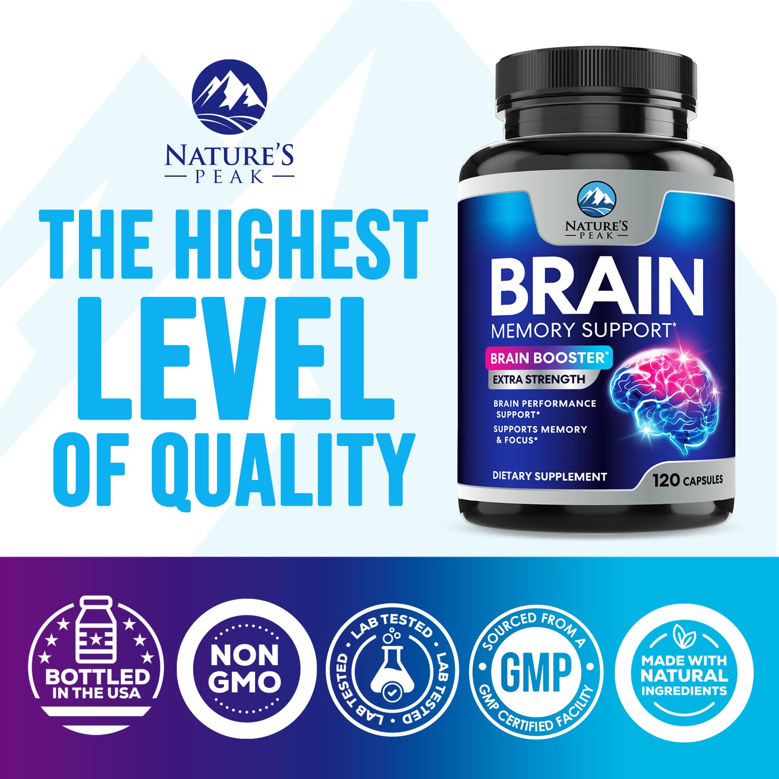 Brain Memory Supplement - 3X Strength Nootropics for Concentration, Clarity & Focus Support - Brain Health Cognitive Vitamins with Bacopa, Phosphatidylserine & DMAE, Brain Booster Pills, 120 Capsules Nature's Peak uk supplements