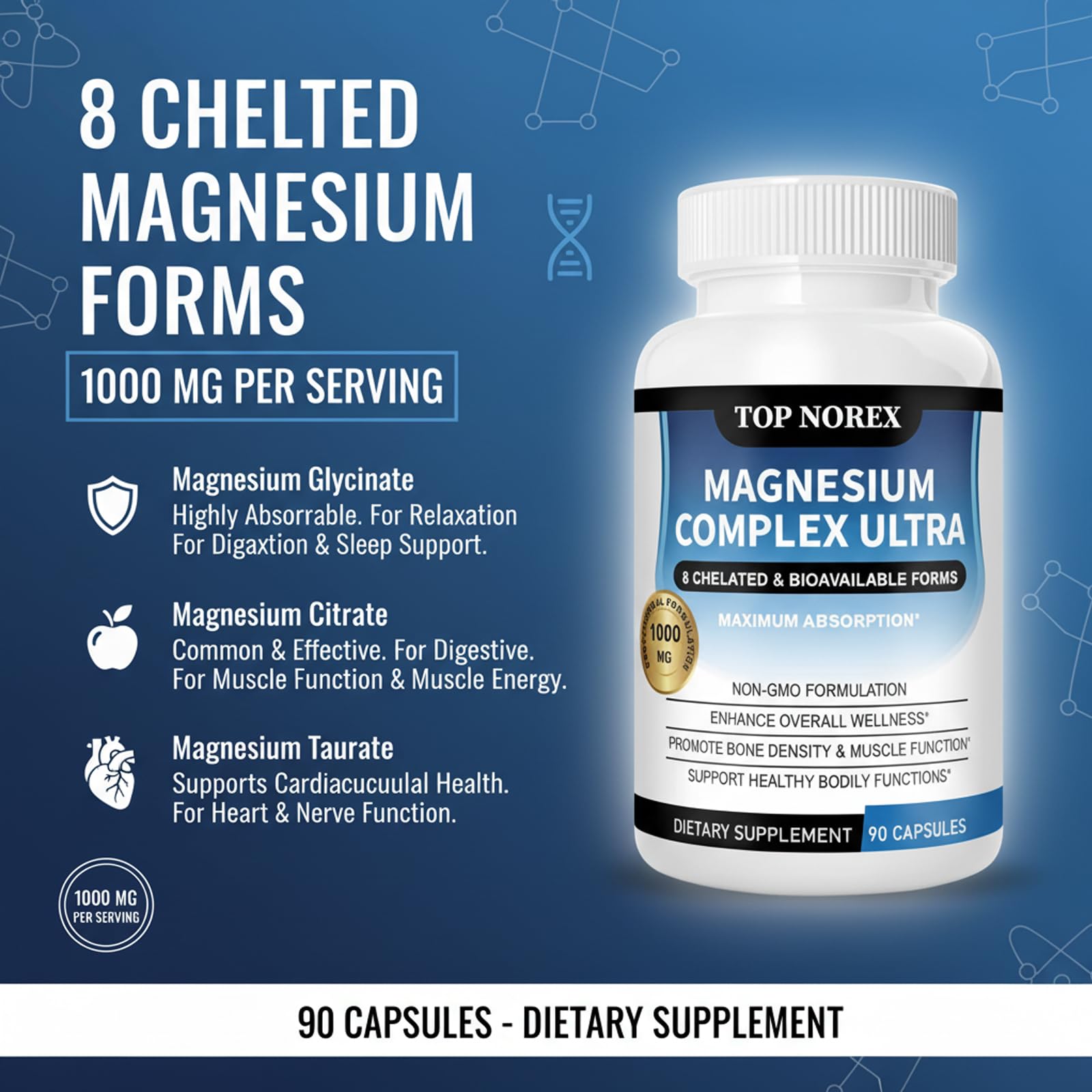 Top Norex Magnesium Complex Ultra - 8 Elemental 1000mg Magnesium Blend, Easy Absorption, 90 Capsules (1) Top Norex uk supplements