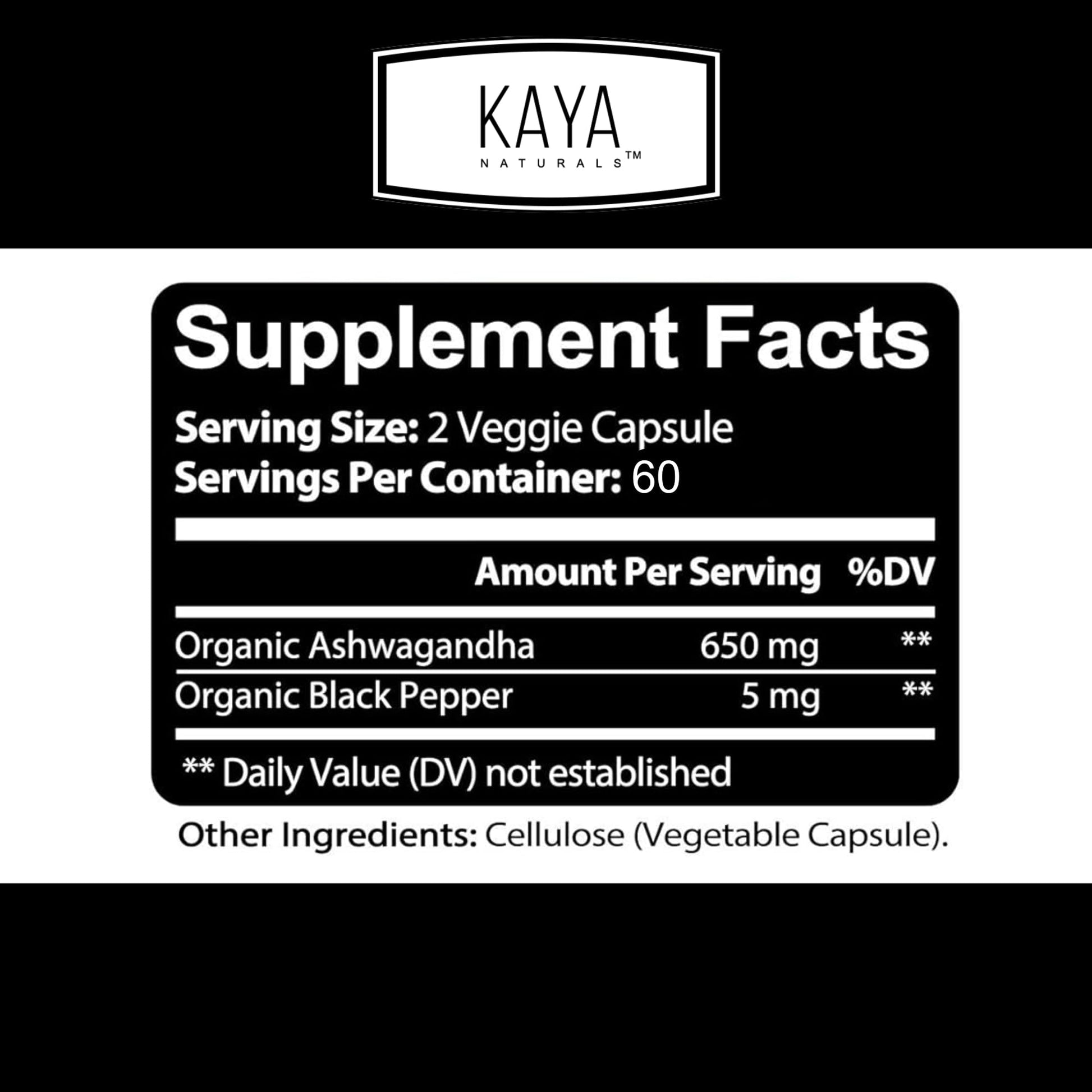 Kaya Naturals Ashwagandha 1300mg, 120 Count Capsules for Stress Relief, Adrenal, Mood & Thyroid Support, Black Pepper and 100% Pure Ashwagandha -120 Capsules Kaya Naturals uk supplements