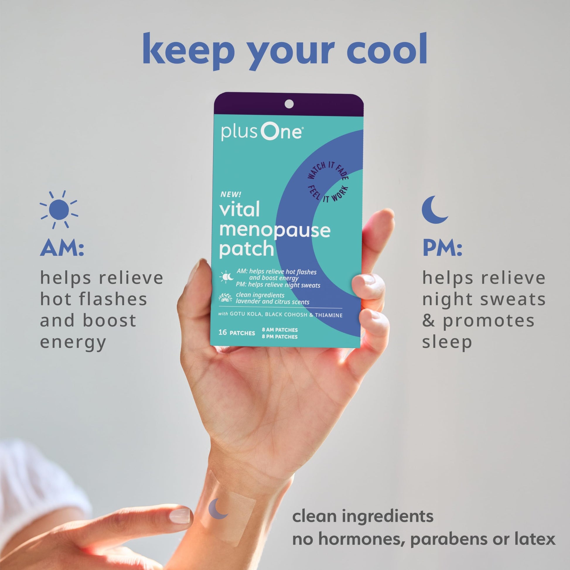 plusOne Vital Menopause Patches AM & PM – Hot Flash & Night Sweat Support – Promotes Energy & Sleep – Herbal Arjuna Daily Patches – 16ct plusOne uk supplements
