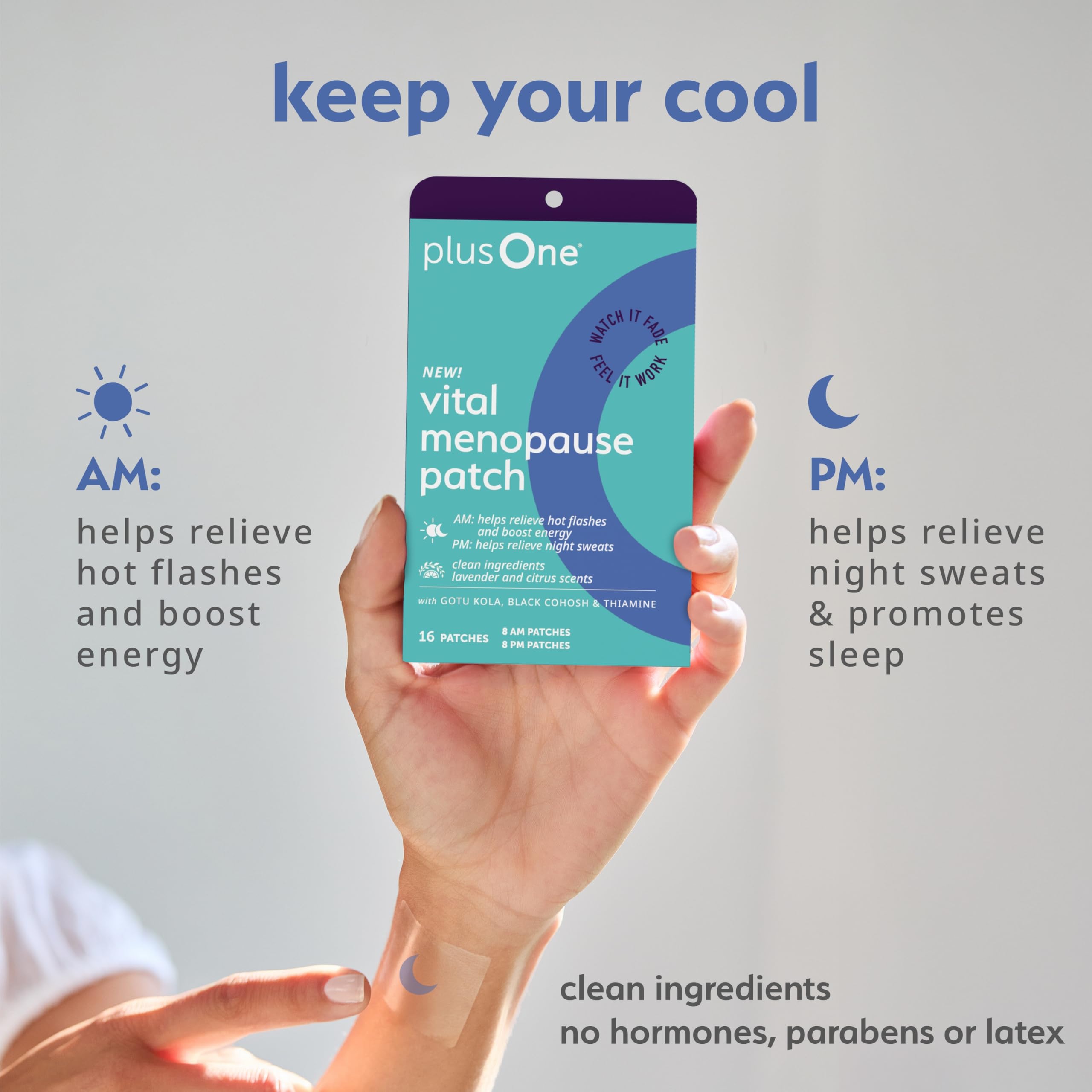 plusOne Vital Menopause Patches AM & PM – Hot Flash & Night Sweat Support – Promotes Energy & Sleep – Herbal Arjuna Daily Patches – 16ct plusOne uk supplements