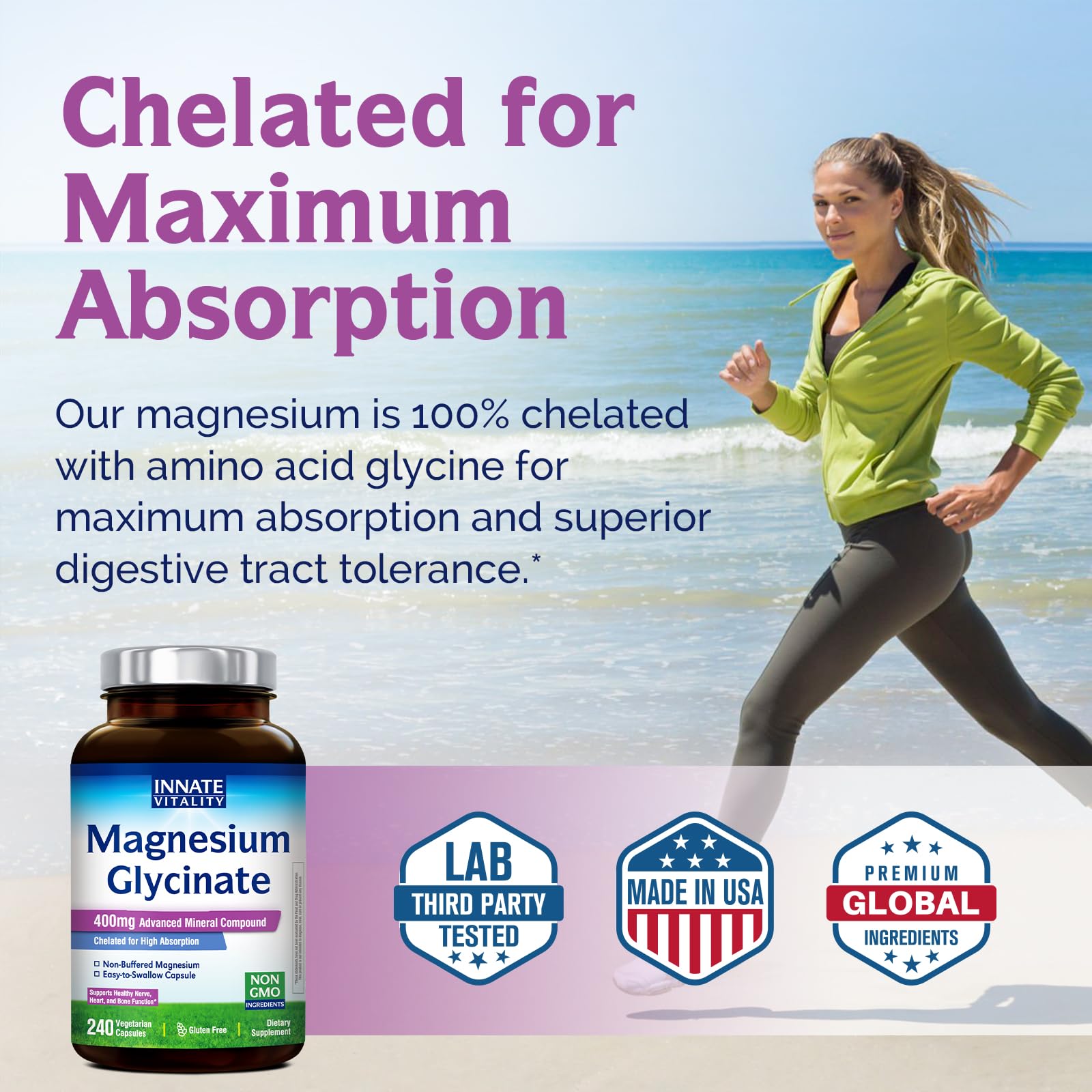 Innate Vitality Magnesium Glycinate 400mg, Non Buffered & High Absorption Magnesium Supplement for Sleep, Relaxation, Heart & Bone Health for Men & Women, Non-GMO, No Gluten, 240 Vegan Capsules Innate Vitality uk supplements