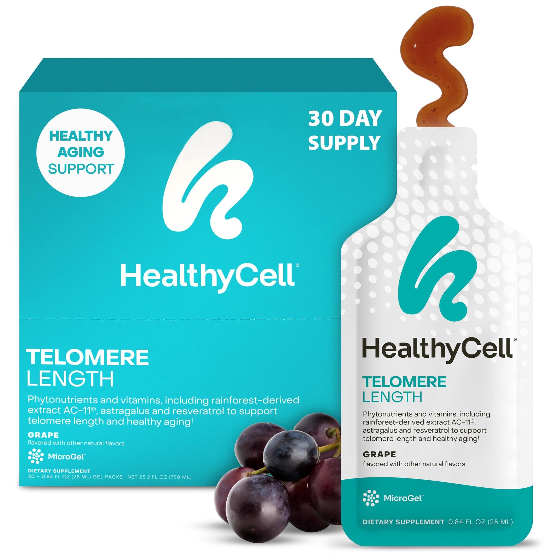 HealthyCell Telomere Length Supplement - Anti-Aging Telomere Lengthening Supplements with Phytonutrients & Vitamins for Cellular Health - AC-11, Astragalus & Resveratrol - 30 Gel Packs, Grape Flavored Healthycell uk supplements