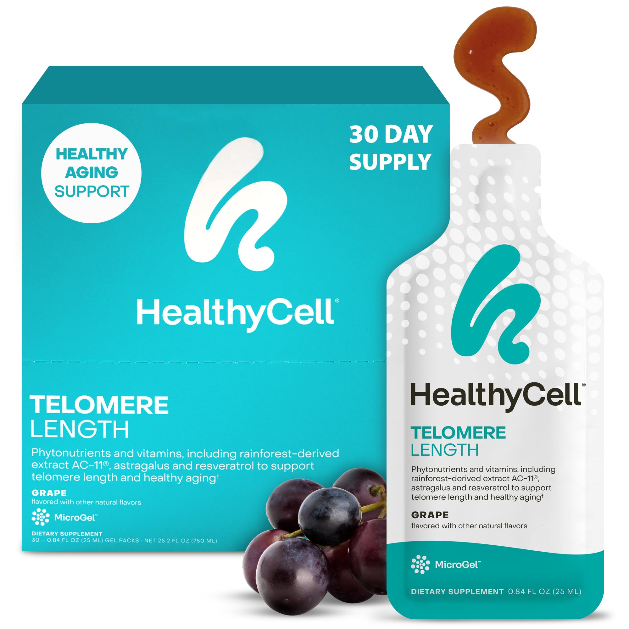 HealthyCell Telomere Length Supplement - Anti-Aging Telomere Lengthening Supplements with Phytonutrients & Vitamins for Cellular Health - AC-11, Astragalus & Resveratrol - 30 Gel Packs, Grape Flavored Healthycell uk supplements