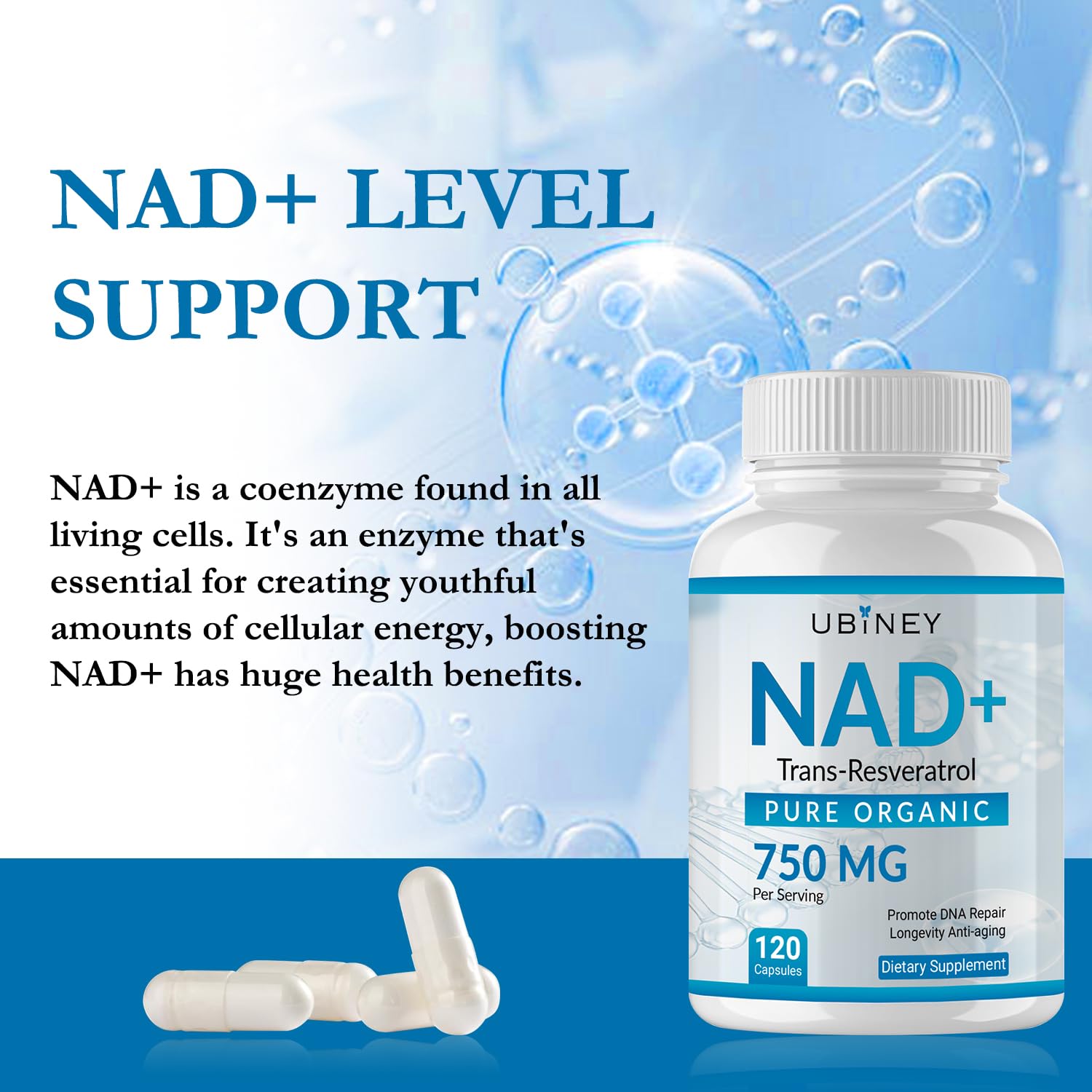 Ubiney NAD+ 750mg with Trans-Resveratrol – Pure Organic Nicotinamide Adenine Dinucleotide Supplement – DNA Repair, Cellular Energy, Anti-Aging Support – 120 Vegan Capsules, Non-GMO, Gluten-Free Ubiney uk supplements