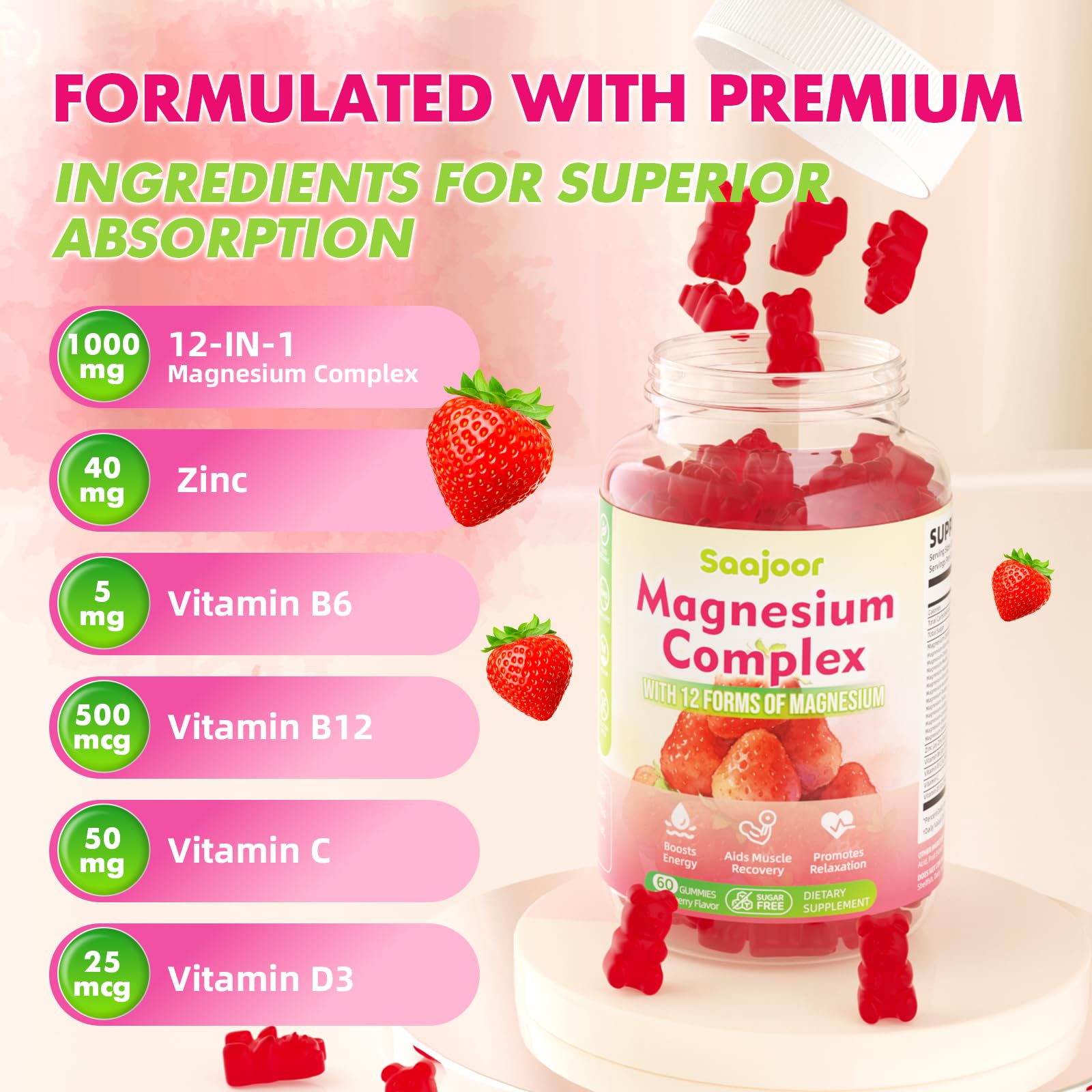 Magnesium Complex Gummies – with 12 Forms of Magnesium (Citrate, Glycinate, Malate, Oxide, and More) Plus Vitamins B6, B12, and C. for Women and Men – Strawberry Flavor, 60 Count Saajoor uk supplements
