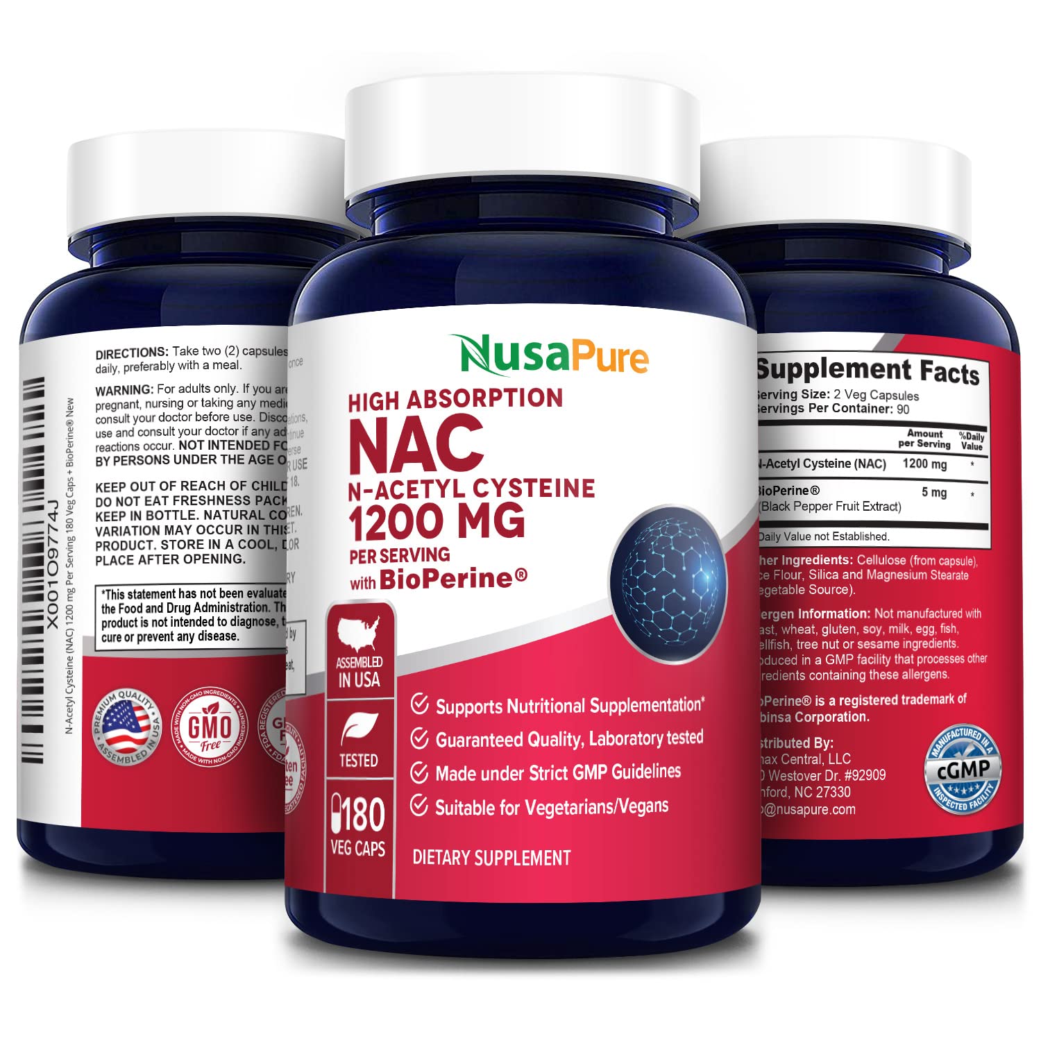 NusaPure N-Acetyl Cysteine (NAC) 1200mg 180 Veggie Caps (Vegetarian, Non-GMO, Gluten Free) Bioperine NusaPure uk supplements
