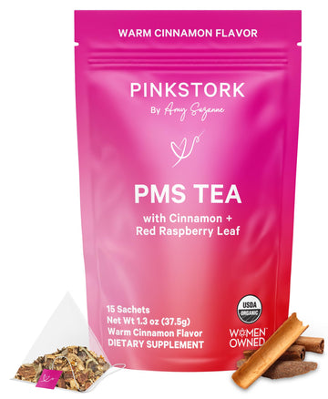 Pink Stork Organic PMS Tea for Hormone Balance, Mood Swings, Bloating, and Period Regularity - 8 Herbs - Vitex, Red Raspberry Leaf, Chamomile - Caffeine-Free - 15 Sachets, Hot or Iced Pink Stork uk supplements