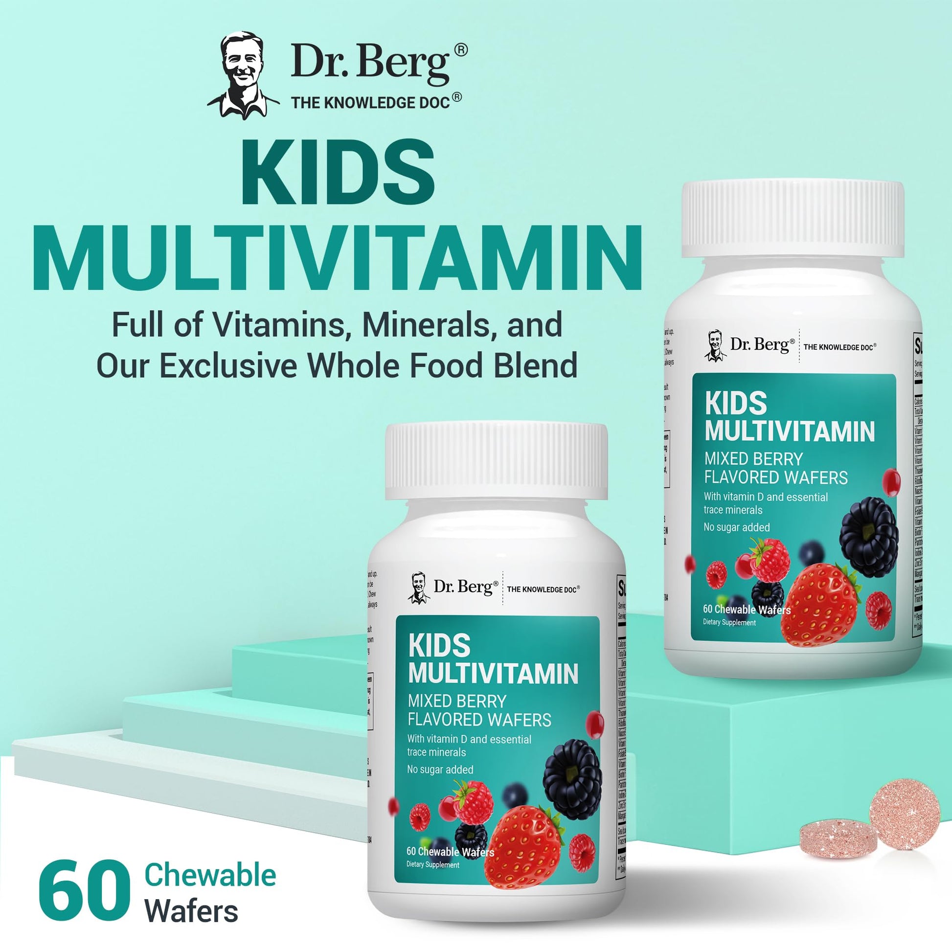 Dr. Berg Kids Chewable Multivitamins (NOT Sweetened w/Sugar) - Daily Multivitamin for Kids that Includes 20 Nutrients & Trace Mineral Complex - Mixed Berry Chewable Vitamins for Kid - Red Wafers Dr. Berg Nutritionals uk supplements