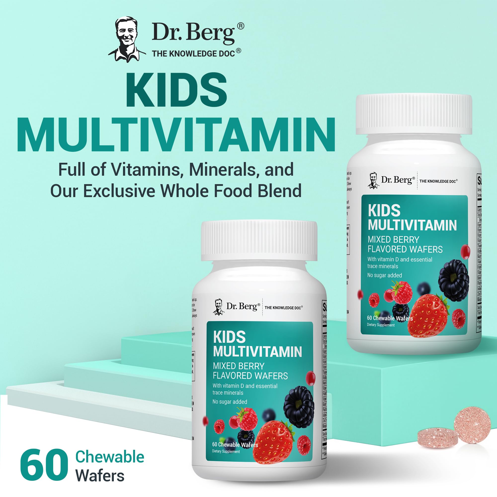 Dr. Berg Kids Chewable Multivitamins (NOT Sweetened w/Sugar) - Daily Multivitamin for Kids that Includes 20 Nutrients & Trace Mineral Complex - Mixed Berry Chewable Vitamins for Kid - Red Wafers Dr. Berg Nutritionals uk supplements