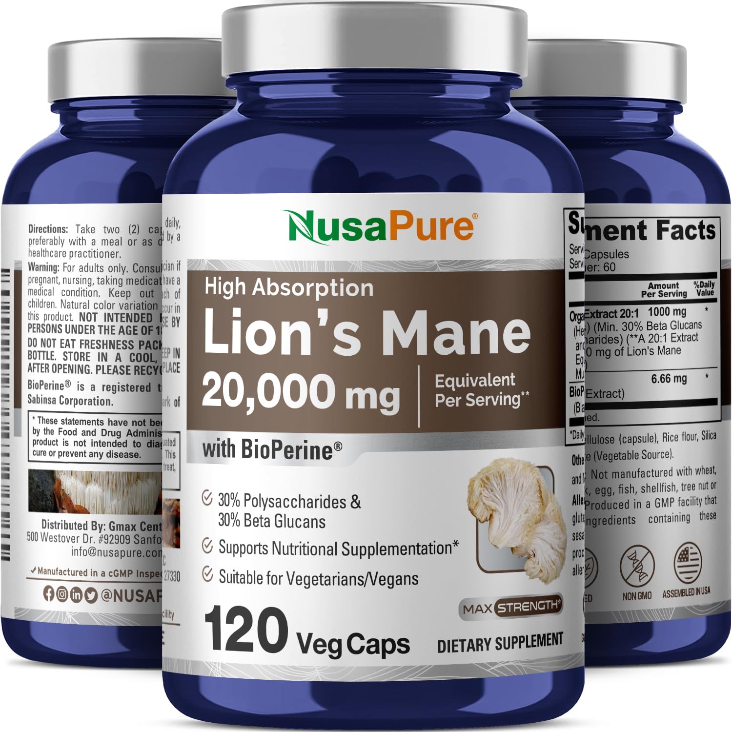 NusaPure Lions Mane 20:1 Extract (20,000 mg Equivalent) - Made with Organic Lion`s Mane, Bioperine - 30% Polysaccharides - 120 Veggie Caps. Non-GMO, Gluten Free NusaPure uk supplements