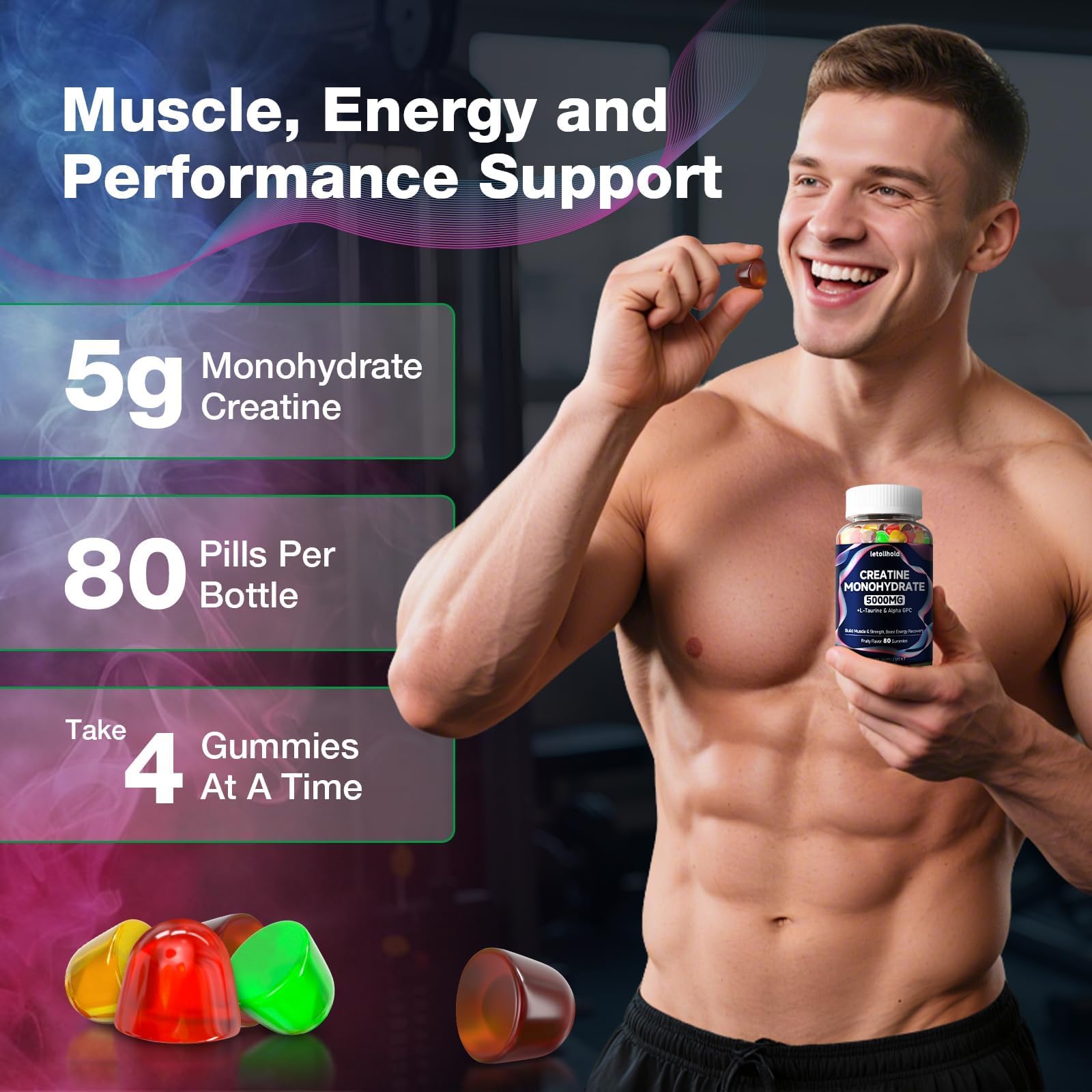 Creatine Monohydrate Gummies 5g for Women & Men - Creatine Gummies for Women Pre Workout Chewables with L-Taurine & Alpha GPC, Sugar-Free Muscle Builder, Energy Boost, Vegan Non-GMO (160 Count) letollhold uk supplements