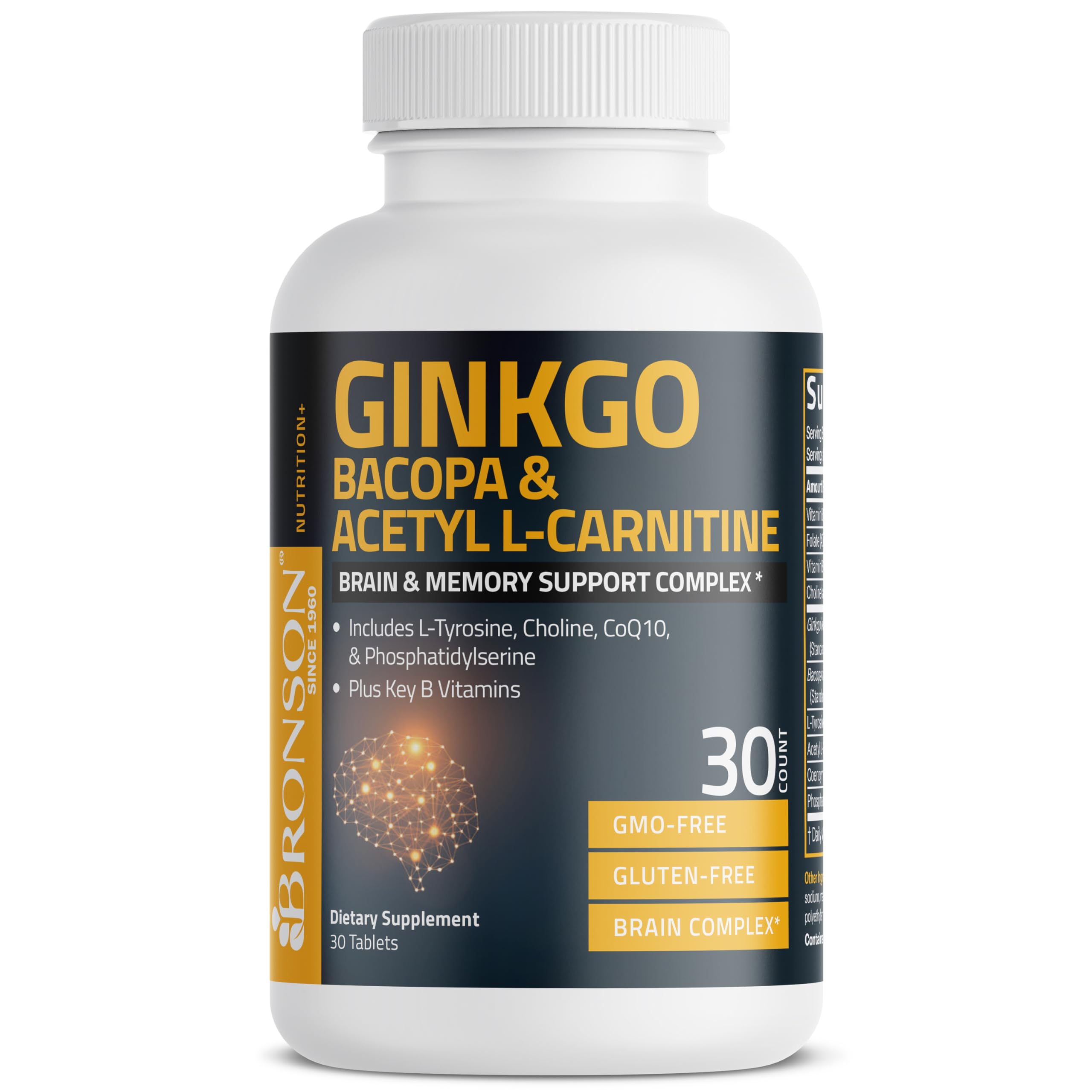 Bronson Ginkgo, Bacopa & Acetyl L-Carnitine Brain & Memory Support Complex with L-Tyrosine, Choline, CoQ10 & Phosphatidylserine Plus Key B Vitamins Non-GMO, 30 Tablets Bronson uk supplements