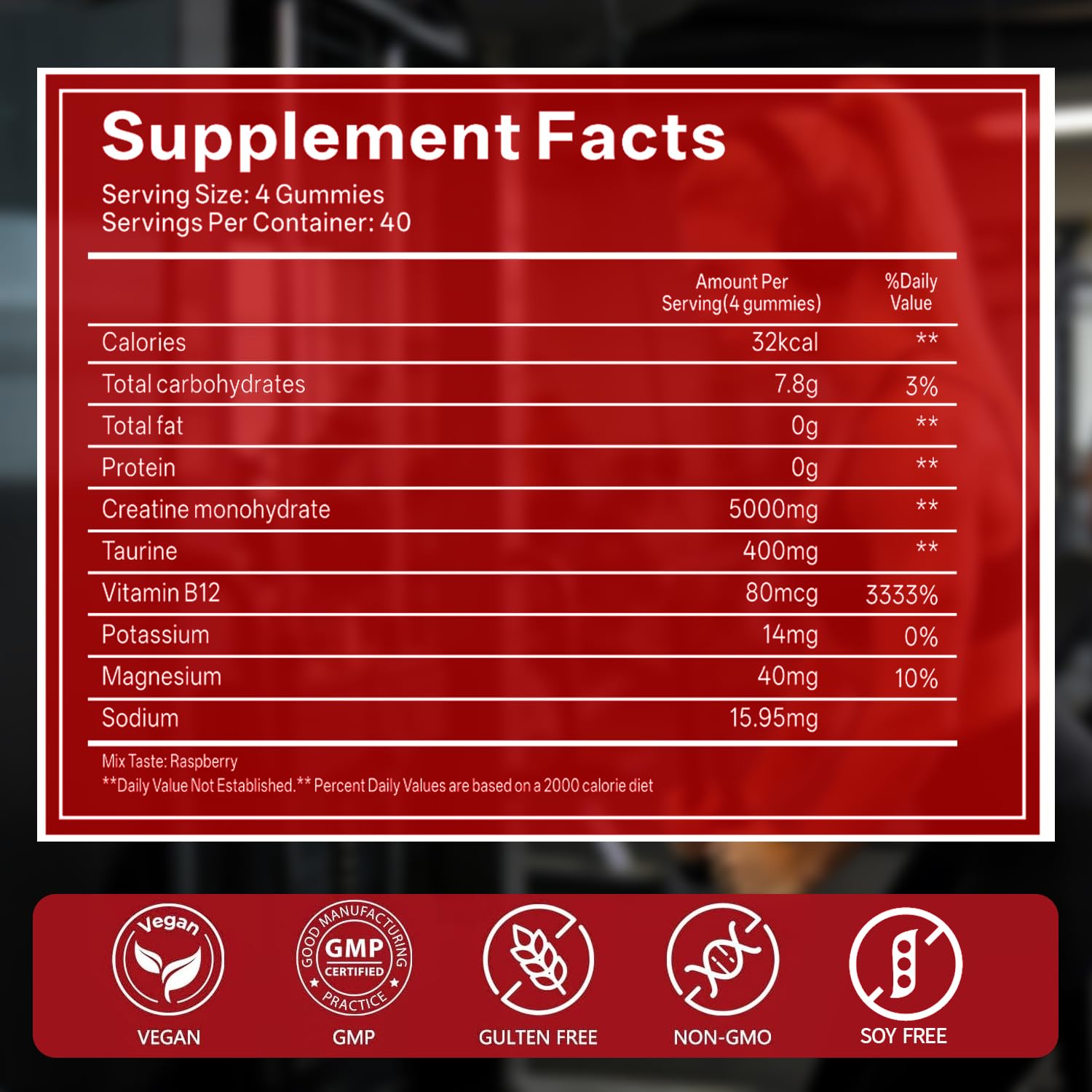 GABE SUNNYBEARS Creatine Gummies, NSF Certified, 5g Creatine Monohydrate per Serving with Taurine & B12, Raspberry Flavor, 160 Count, for Men & Women GABE SUNNYBEARS uk supplements