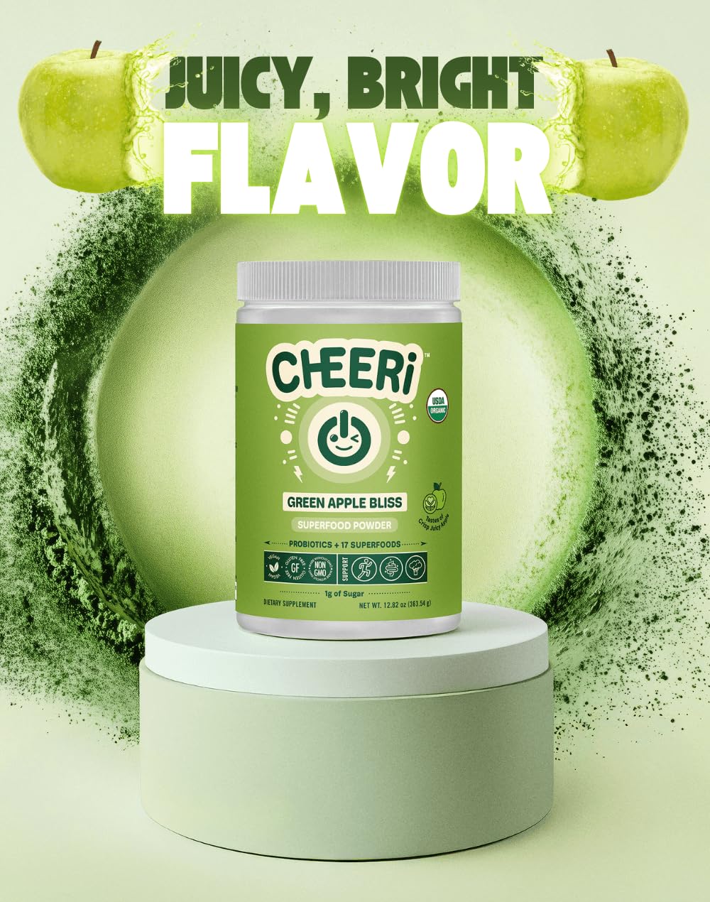 Cheerific Green Apple Bliss Superfood Powder - 20+ Organic Superfoods + Prebiotic & Probiotics + More - Keto Friendly - Supports Positive Mood, Gut Health - Vegan, Gluten Free, Non-GMO - 30 Day Supply Cheerific uk supplements