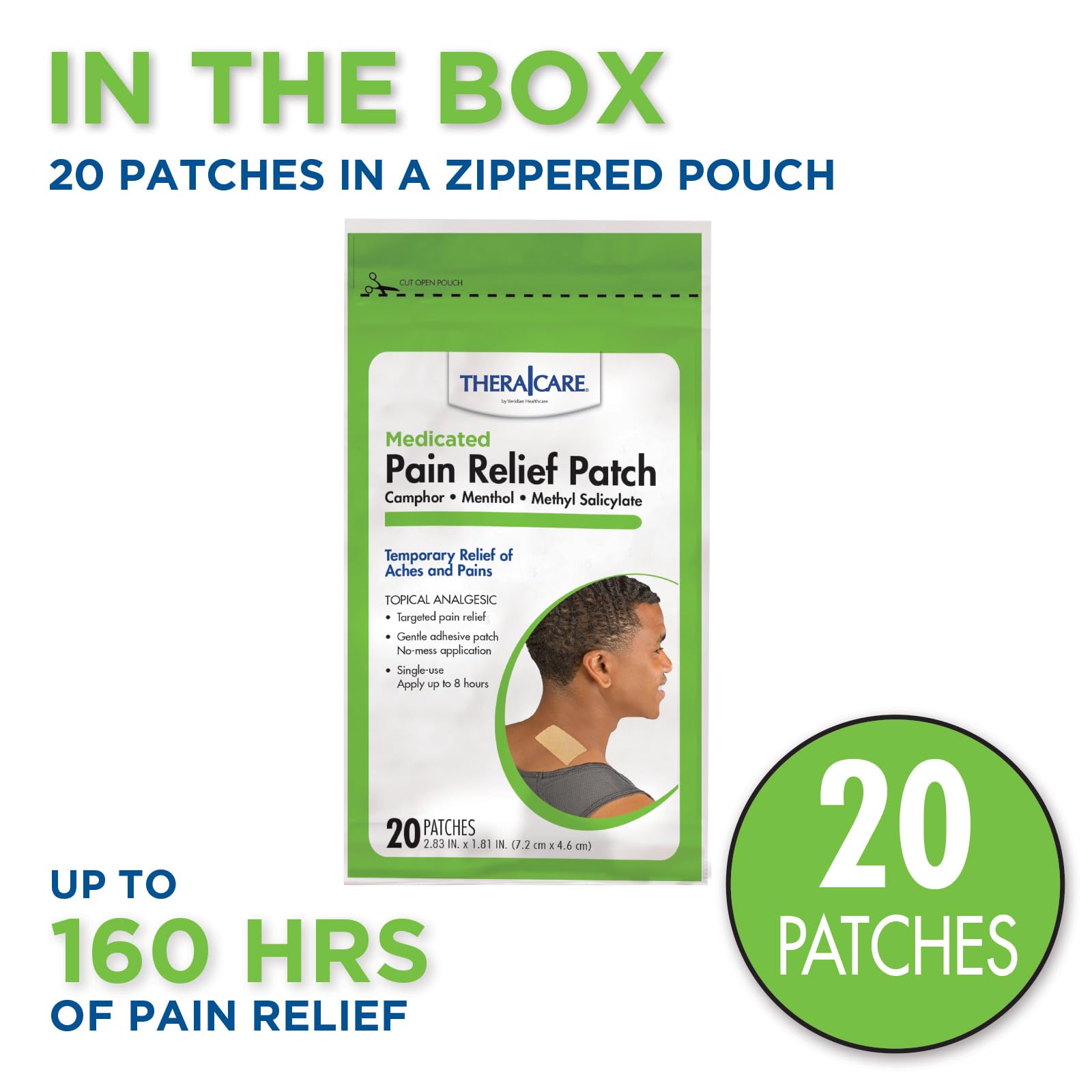 TheraCare Targeted Pain Relief Medicated Patch | Neck, Shoulder, Small Areas | 20-Count | 2.83” x 1.81” | Topical Analgesic | Camphor, Menthol, Methyl Salicylate | Gentle Adhesive Thera Care uk supplements