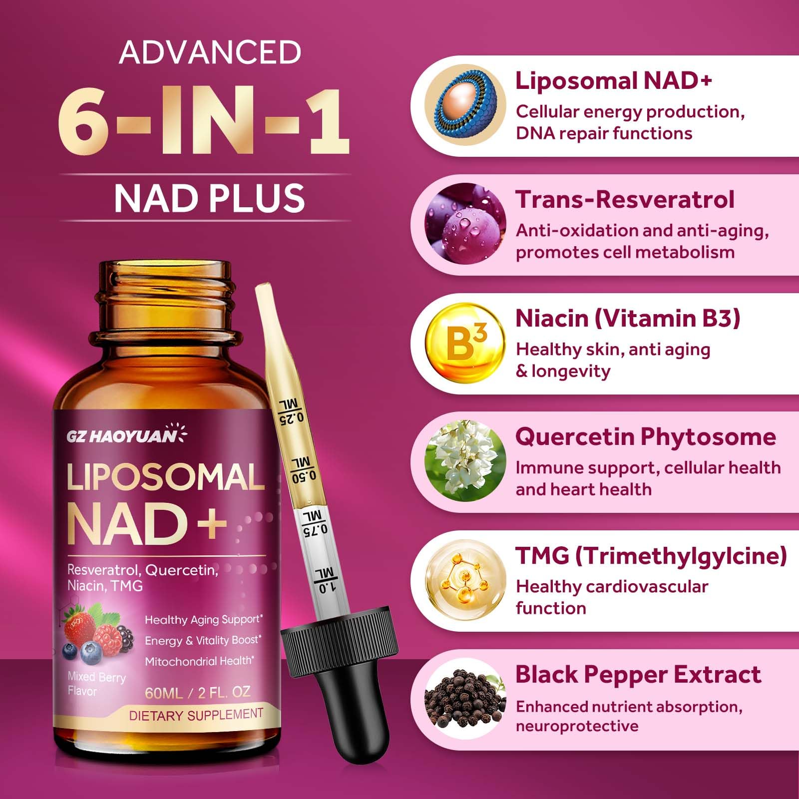 Liposomal NAD Supplement - 1200mg NAD+ Liquid Drops for Women & Men with Nicotinamide, Resveratrol, Quercetin, TMG, Black Pepper Extract - Brain & Cellular Mitochondrial Health, Anti-Aging, Longevity GZ HAOYUAN uk supplements