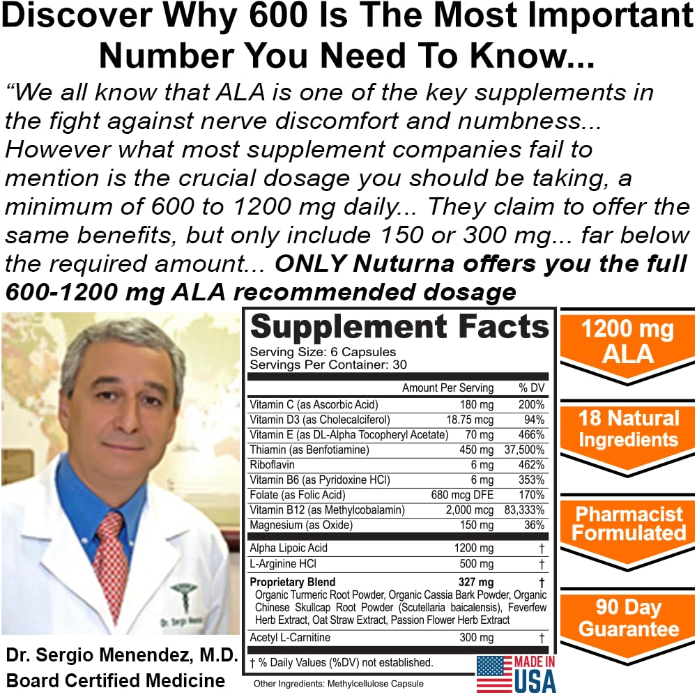 Neuroturna Support Supplement with 1200 mg Pure Alpha Lipoic Acid - Maximum Strength Formula with ALA + Vitamins + Minerals + Herbs - Best Natural Support - 180 Capsules Nuturna uk supplements