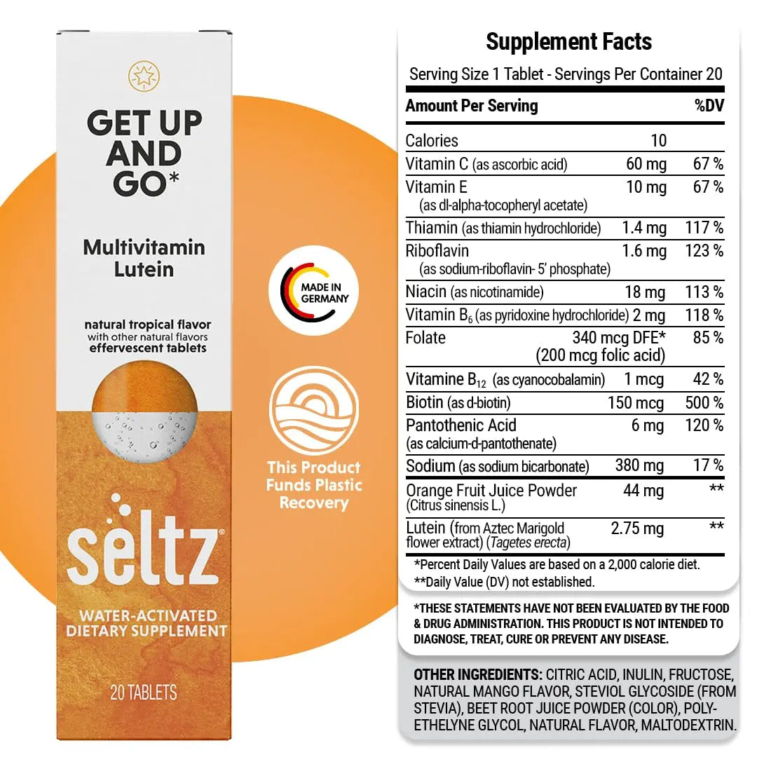 Seltz® Get Up and Go – Effervescent Multivitamin with Lutein for Daily Energy, Eye Health & Antioxidant Support Seltz uk supplements