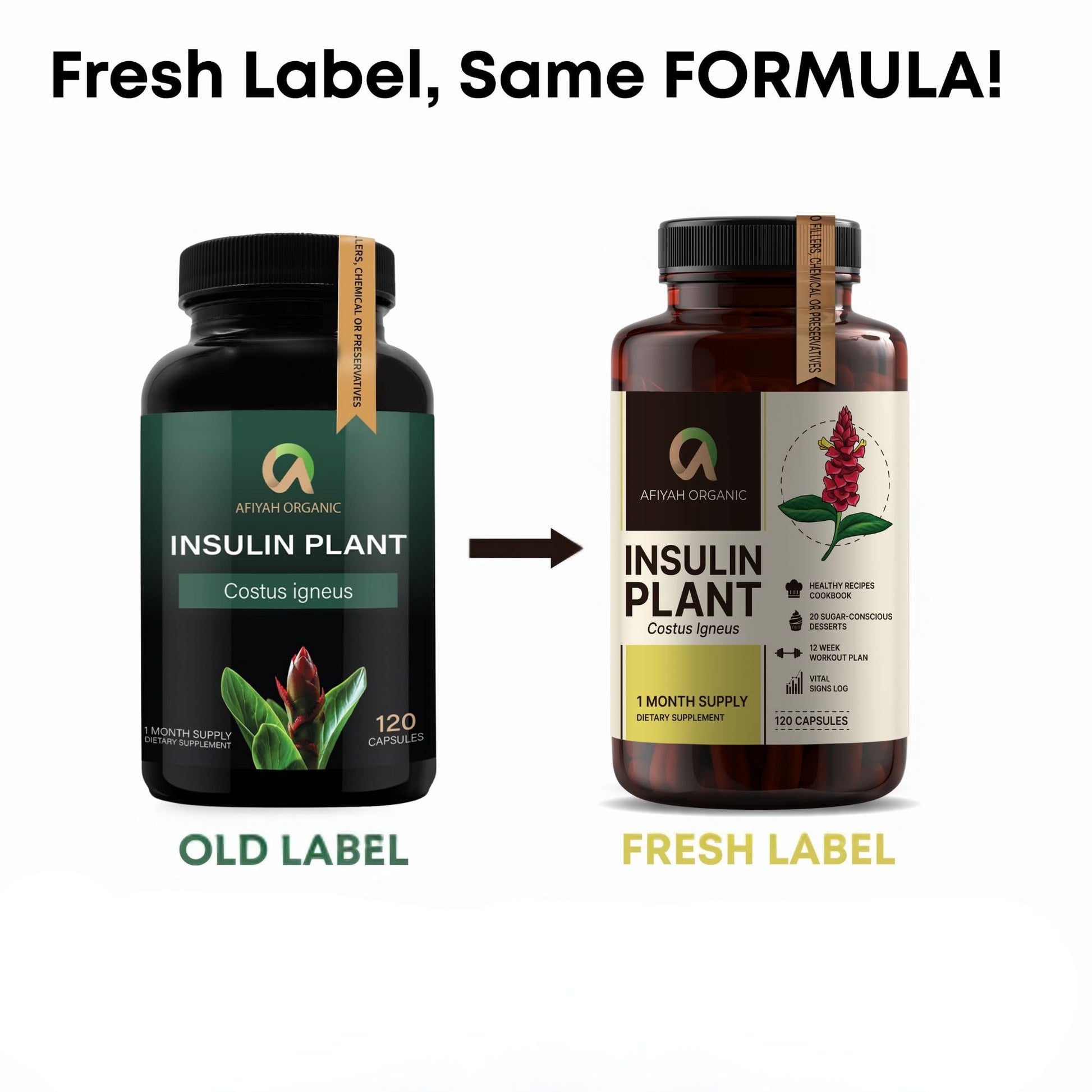 Afiyah Organic - Premium Quality Costus Igneus (Insulin Plant) Capsules - Easy to Swallow 120 Veggie Capsules (1 Month Supply) - Made in the USA - Including Complete Health Support Program Afiyah Organic uk supplements