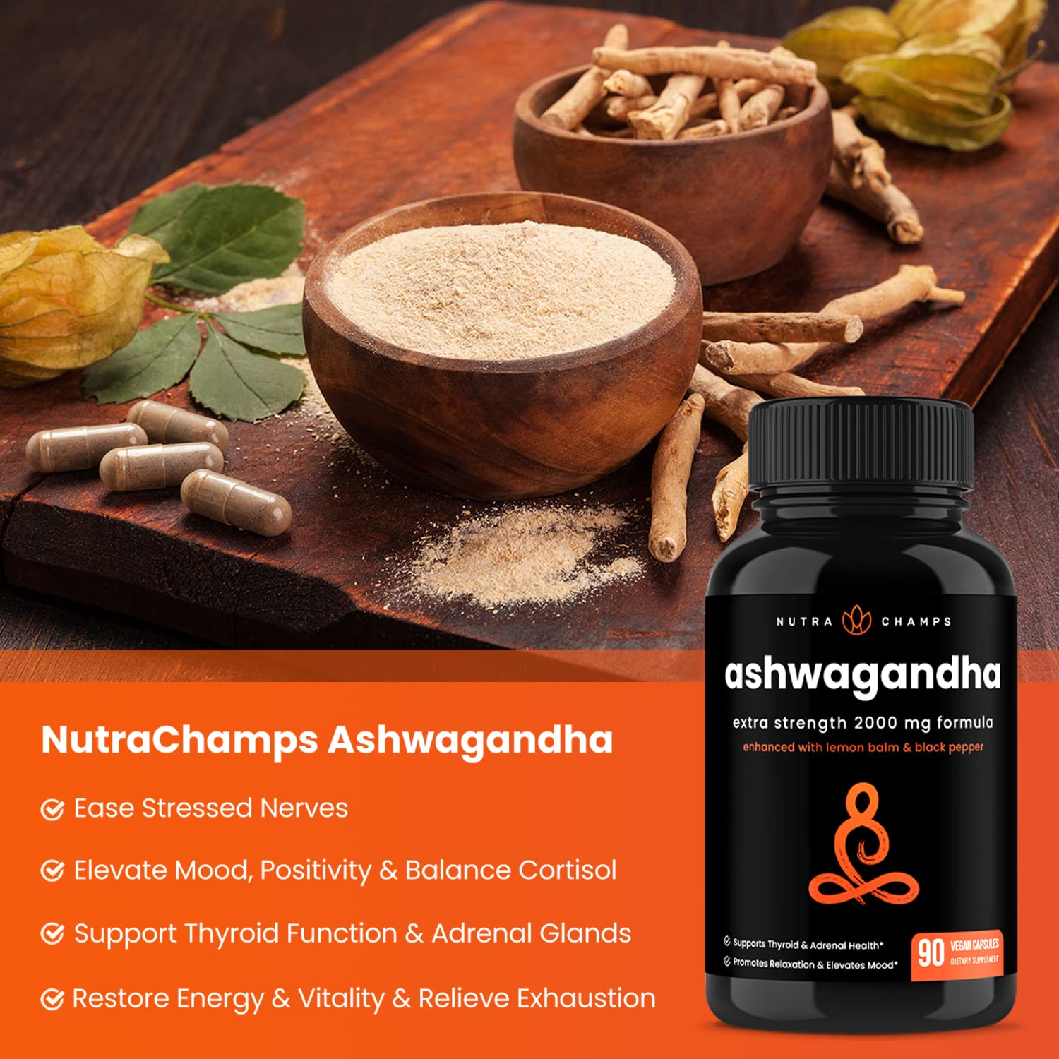 NutraChamps Organic Ashwagandha Capsules, 2000mg Adrenal Fatigue, Thyroid & Mood Support Ashwagandha Supplements, Ashwagandha Root Powder & Lemon Balm, Superior Absorption with Black Pepper NutraChamps uk supplements