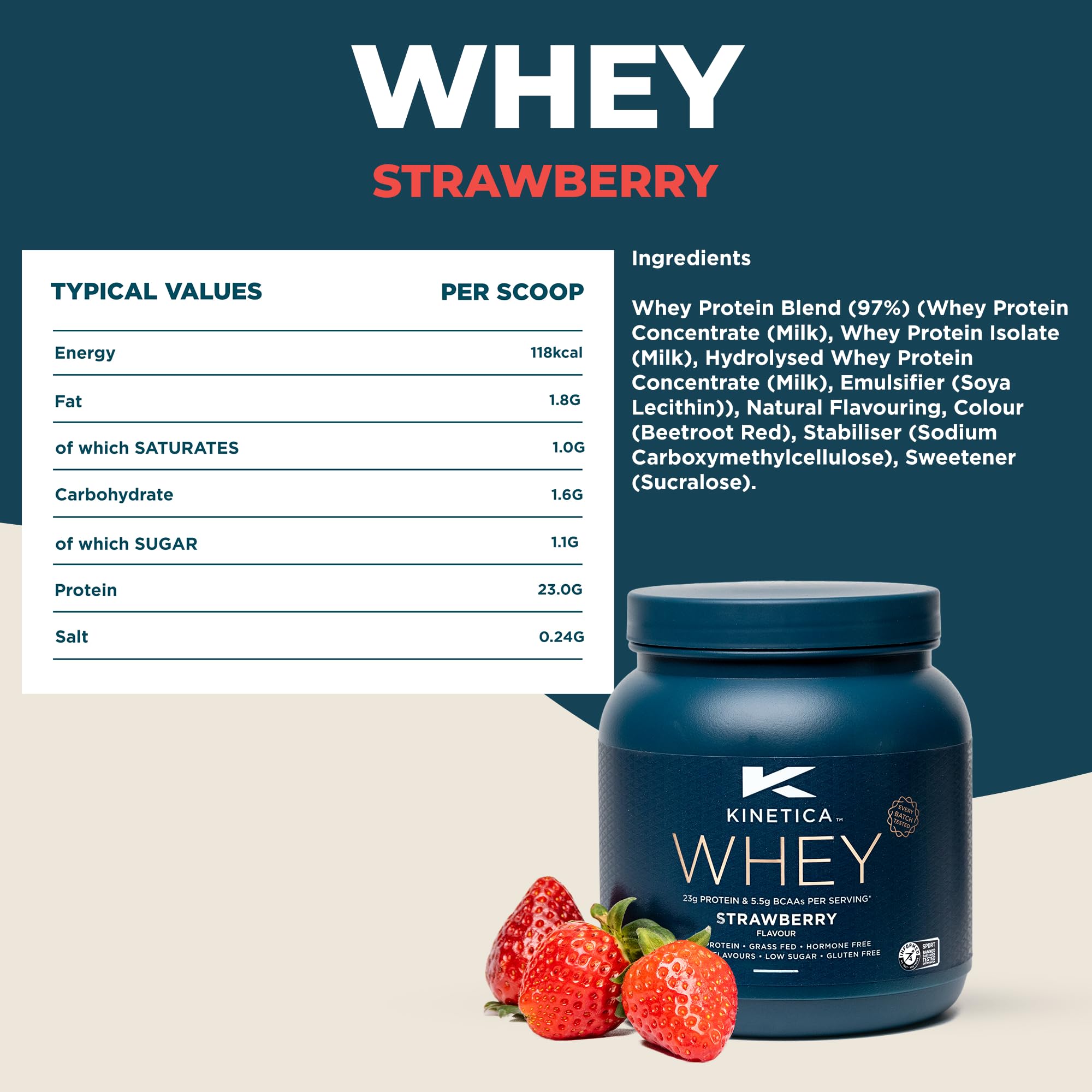 Kinetica Premium Whey Protein Powder | Grass Fed | Strawberry | 1kg | 33 Servings Kinetica uk supplements