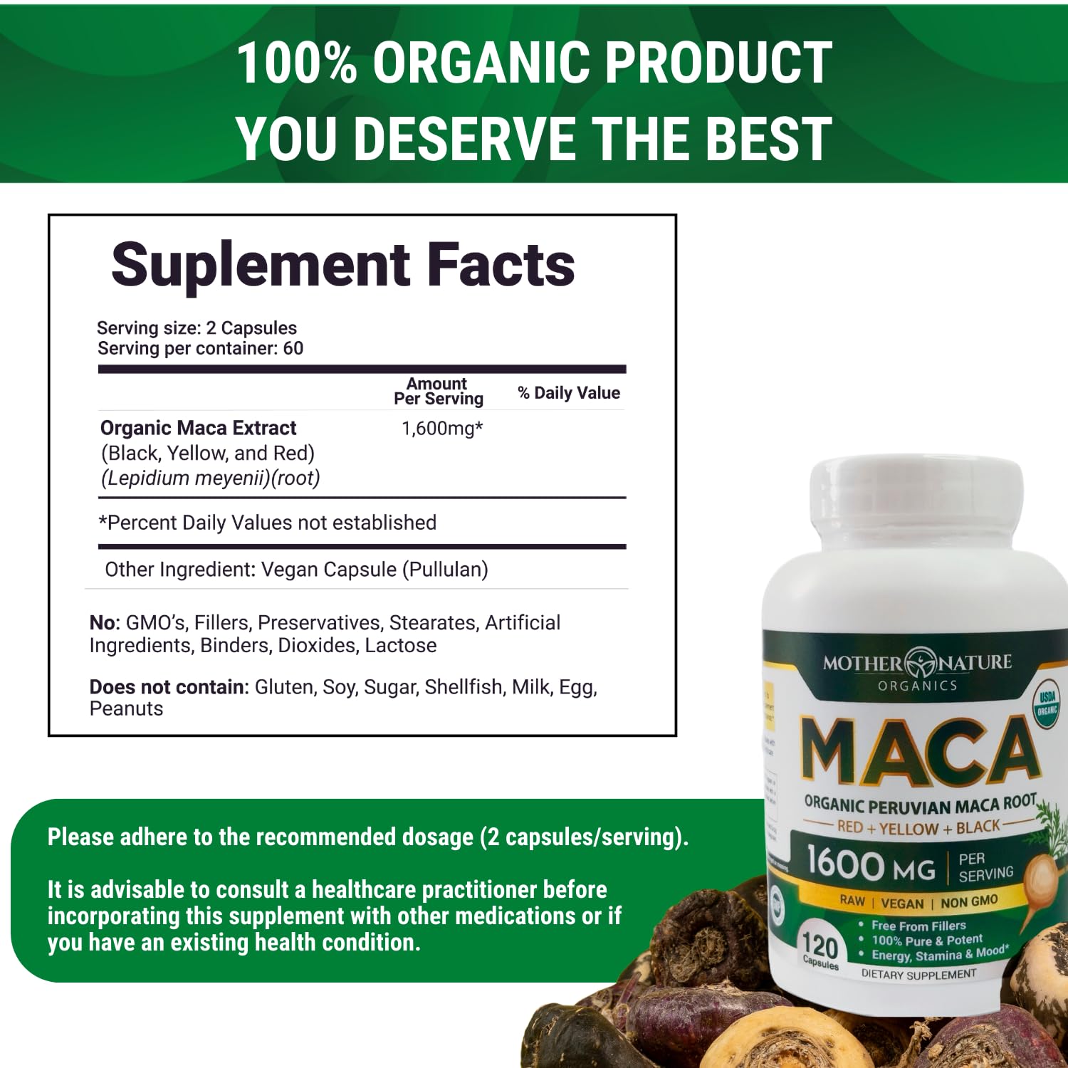 Mother Nature Organic Maca Root Capsules – 1600mg, 120 Vegan Capsules – Non GMO Peruvian Yellow, Red & Black Maca for Men & Women - Energy, Hormone, Brain & Weight Well-Being Mother Nature Organics Superfoods for Organic Living uk supplements