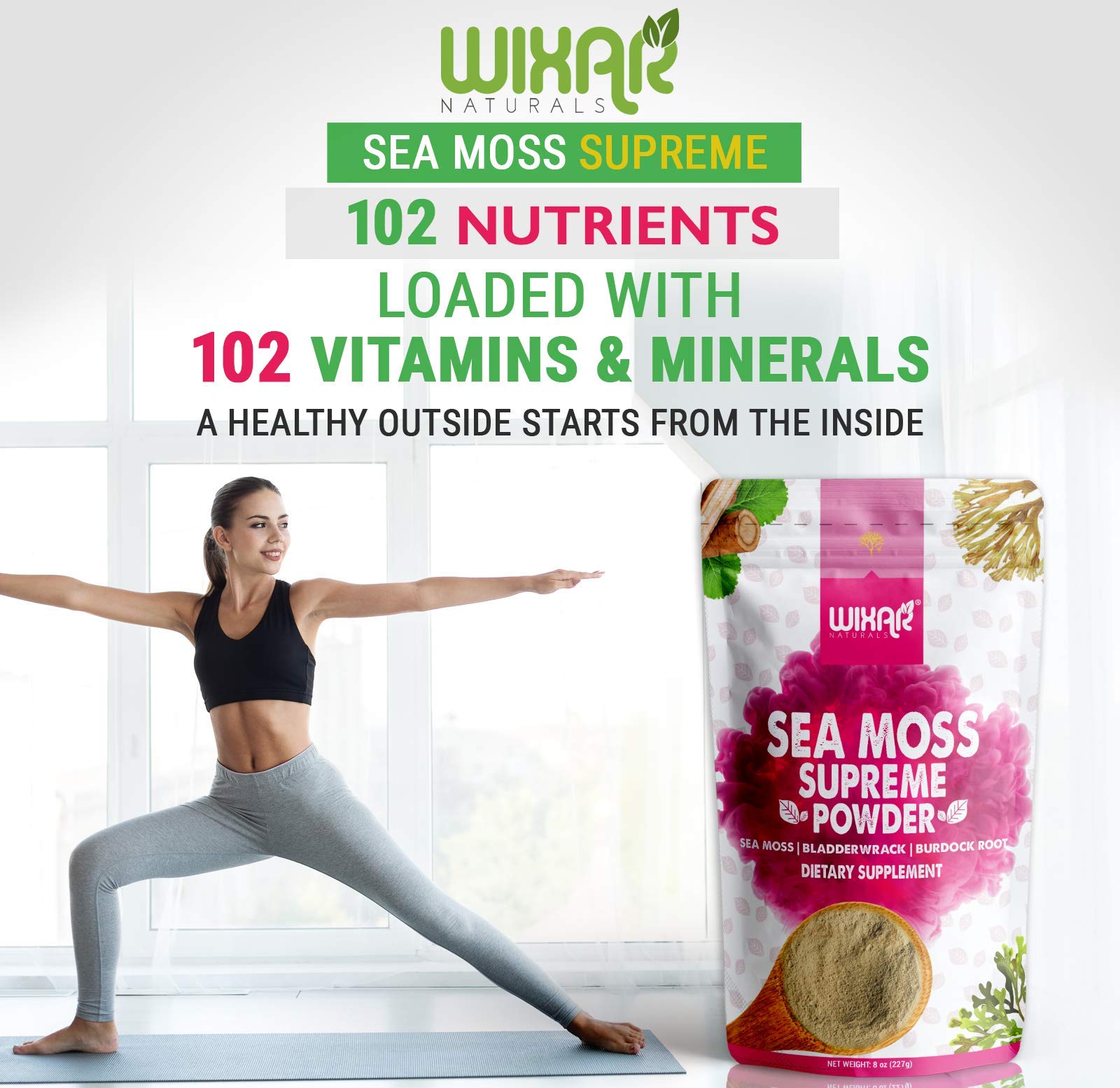 Wixar Wildcrafted Sea Moss Powder – (8 Ounces) – Natural Irish Sea Moss and Bladderwrack with Burdock Powder - Thyroid Support, Healthy Skin, Keto Detox, Joint Support Alkaline Supplements WIXAR NATURALS uk supplements