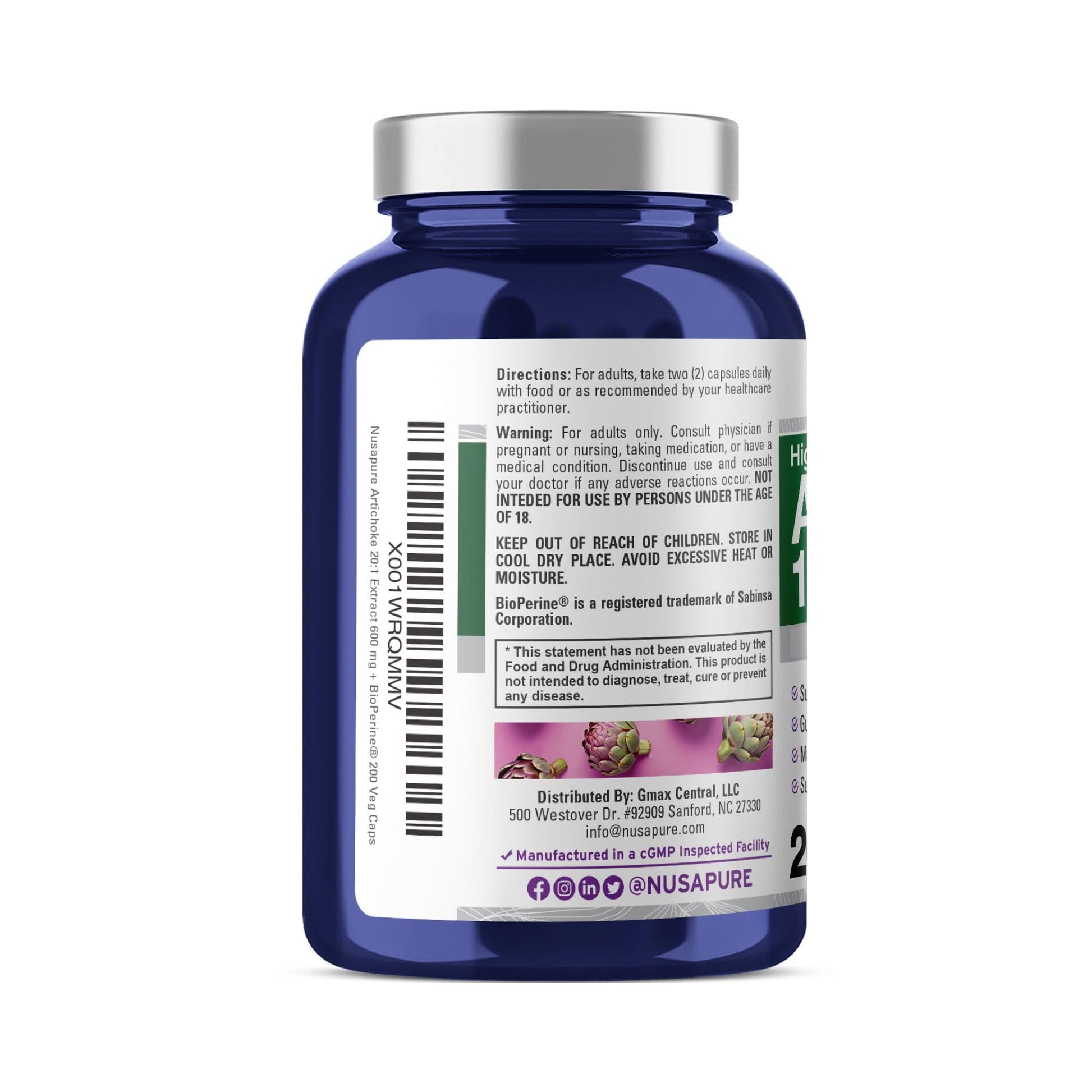 NusaPure Artichoke 20:1 Extract, 600 mg Equivalent to 12,000mg 200 Veggie caps (Non-GMO, Gluten Free) NusaPure uk supplements