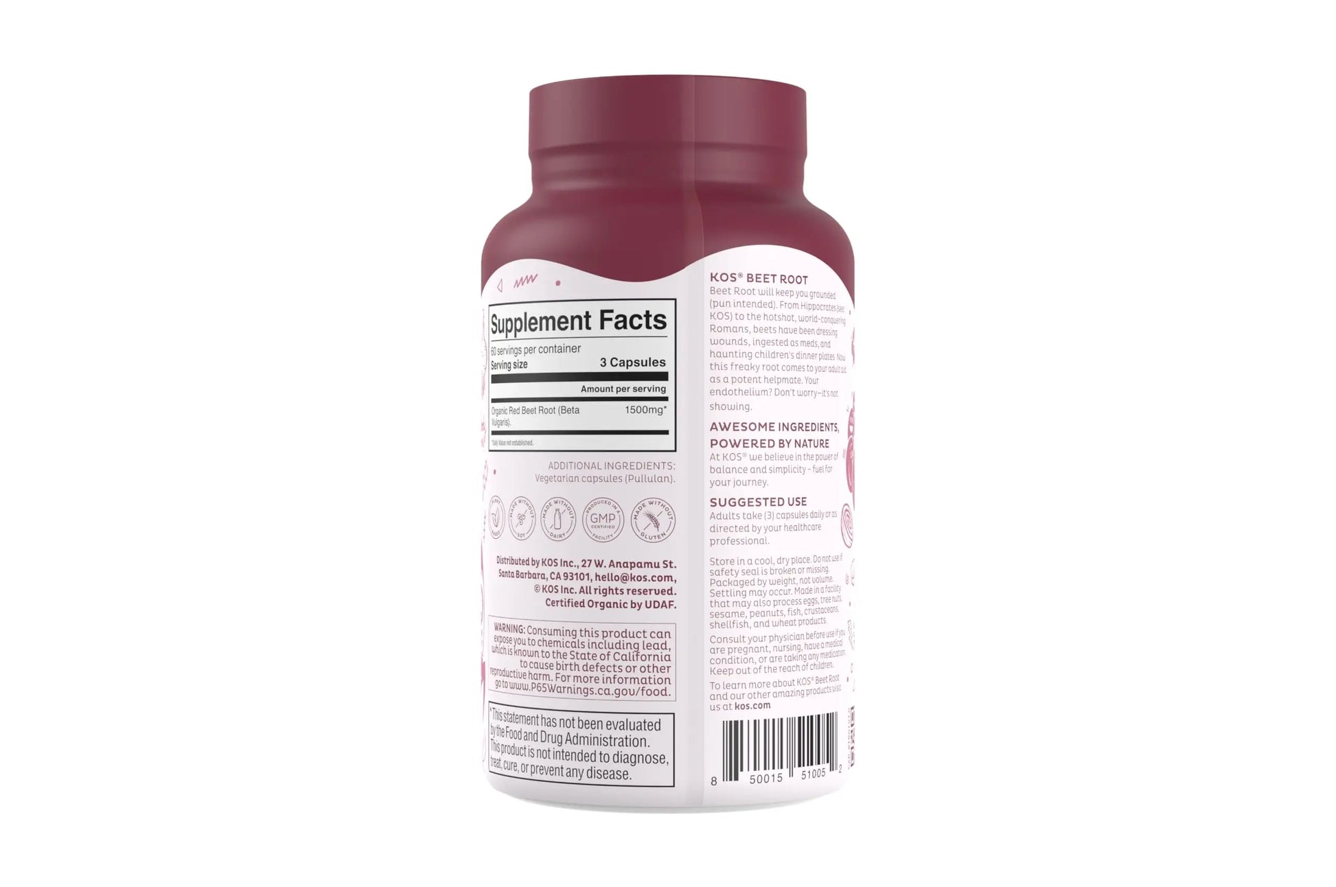 KOS Organic Beetroot Capsules 1500mg - USDA Organic, Antioxidant Power from Organic Beet Root Superfood, Supports Healthy & Active Lifestyle - Non-GMO, KOS uk supplements