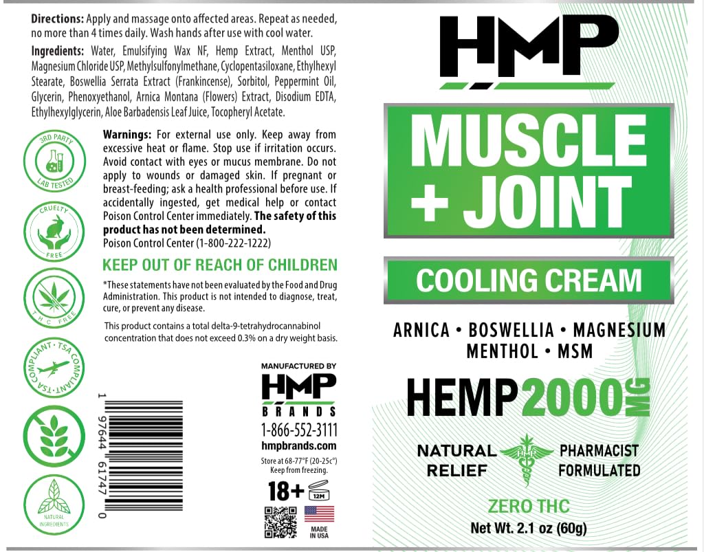 HMP BRANDS Hemp Cream Muscle & Joint Support 2000MG Hemp Discomfort Relief Formula w Menthol Ideal for Knee Muscle Joint Back Shoulder Elbow Maximum Joint Support, Natural Formula Made in USA 2.1oz HMP BRANDS uk supplements