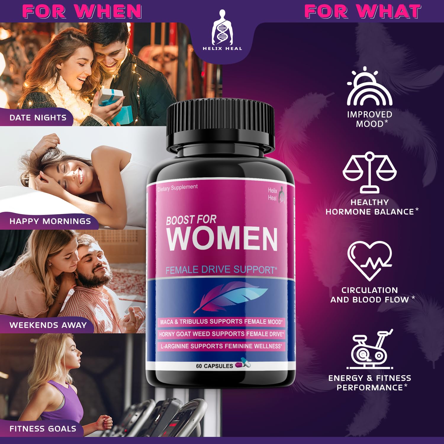 Helix Heal Libido Booster for Women Fast Acting with Horny Goat Weed - Female Desire Pills with Maca Root, Tribulus Terrestris, Ginseng and Hornygoatweed Women - Hormone Balance, Made in USA (60 ct) Helix Heal uk supplements