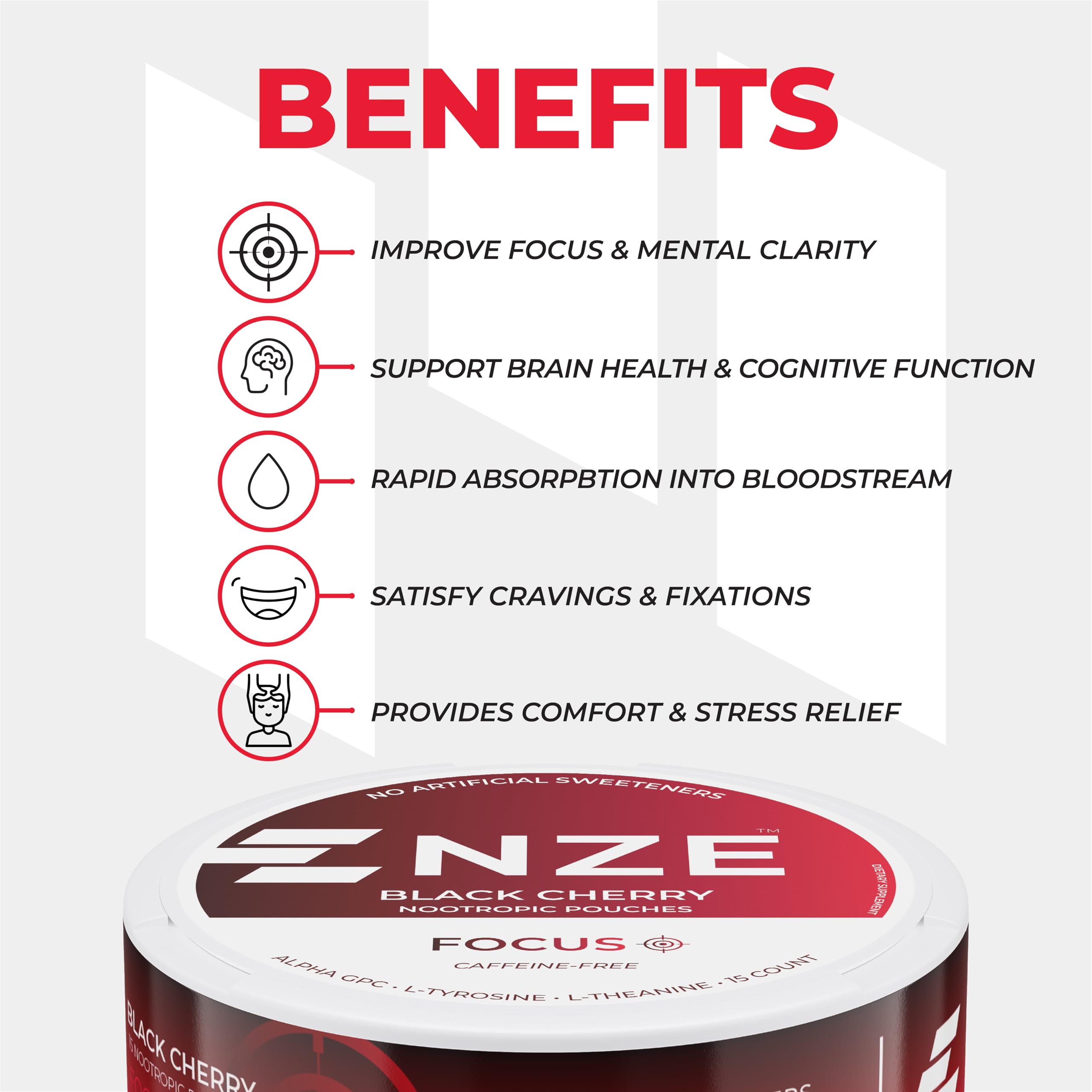 NZE Caffeine Free Nootropic Pouches (Black Cherry) - Nootropic Pouches with Alpha GPC, L-Tyrosine & L-Theanine - No Sugar or Artificial Sweeteners - 15 Pouches Per Can - 5 Pack NZE uk supplements