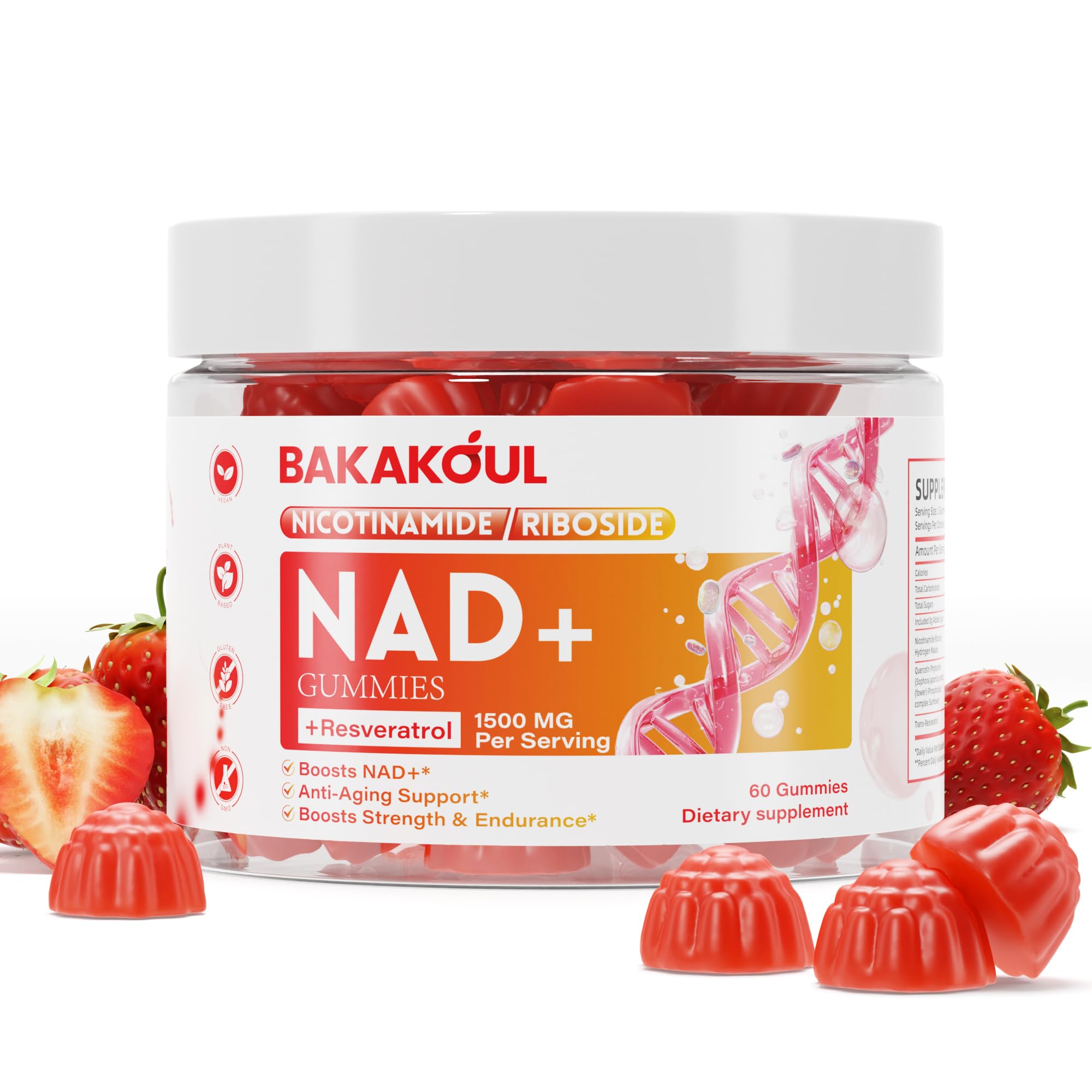 BAKAKOUL NAD Gummies, NAD Supplement - Liposomal Nicotinamide Riboside, Resveratrol, Quercetin, NAD Nicotinamide Riboside Resveratrol 900mg, NAD+ Supplement for Men and Women, 60 Gummies 1 Pack BAKAKOUL uk supplements