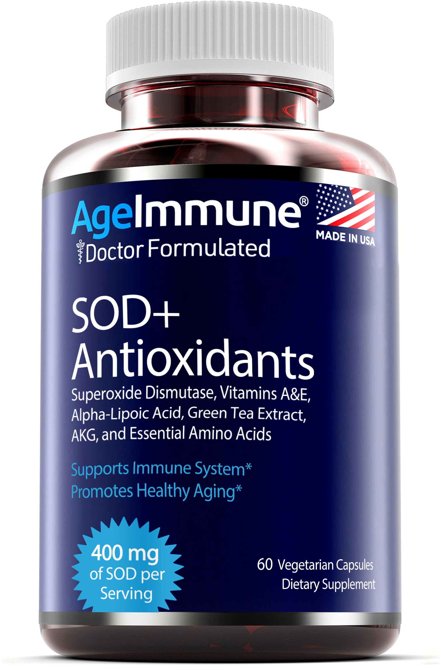 SOD Antioxidants Complex Healthy Aging Supplement - 400mg of Superoxide Dismutase - Alpha Lipoic Acid - L-Arginine -Lysine - AKG - Vitamin A - Vitamin E for Immune Support-60 Capsules AgeImmune uk supplements