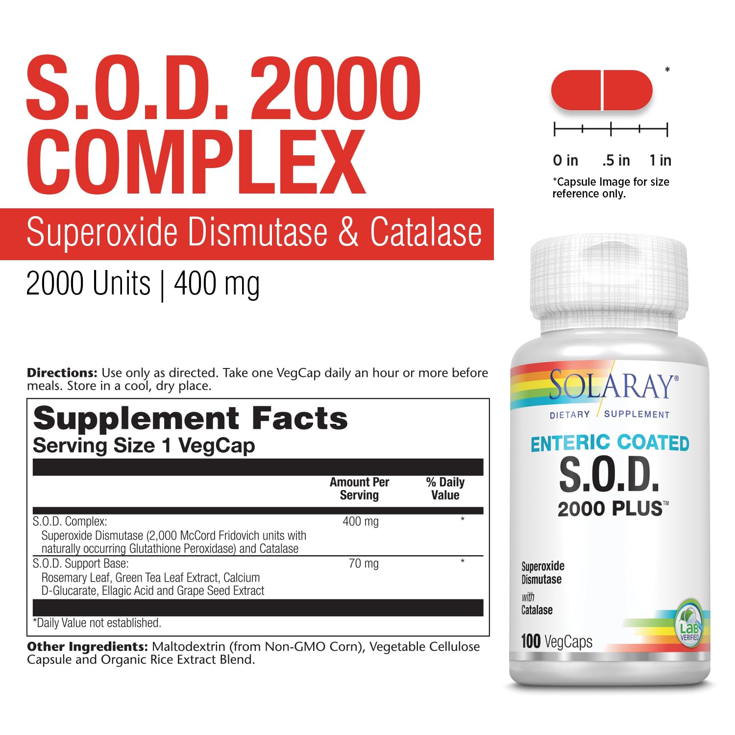 SOLARAY S.O.D. 2000 Plus - Superoxide Dismutase (SOD) and Catalase Antioxidant Supplement, Wellness Support - w/Green Tea Extract, Calcium, Rosemary, Grape Seed Extract, 60-Day Guarantee, 100 Servings SOLARAY uk supplements